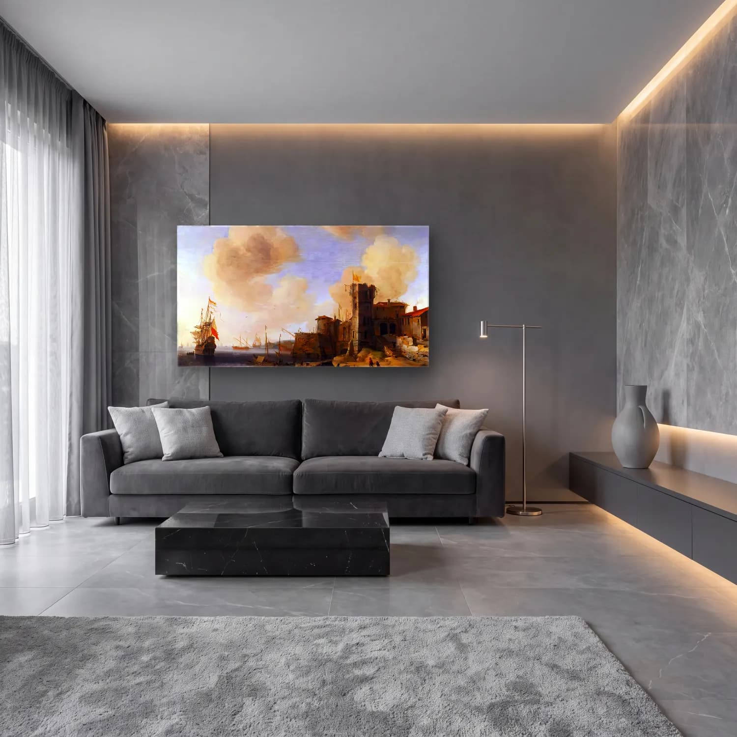 Jan Abrahamsz. Beerstraten – Mediterranean Harbour, with the Dutch Vessel Profeet Elias… cam tablo — lüks salon duvarında