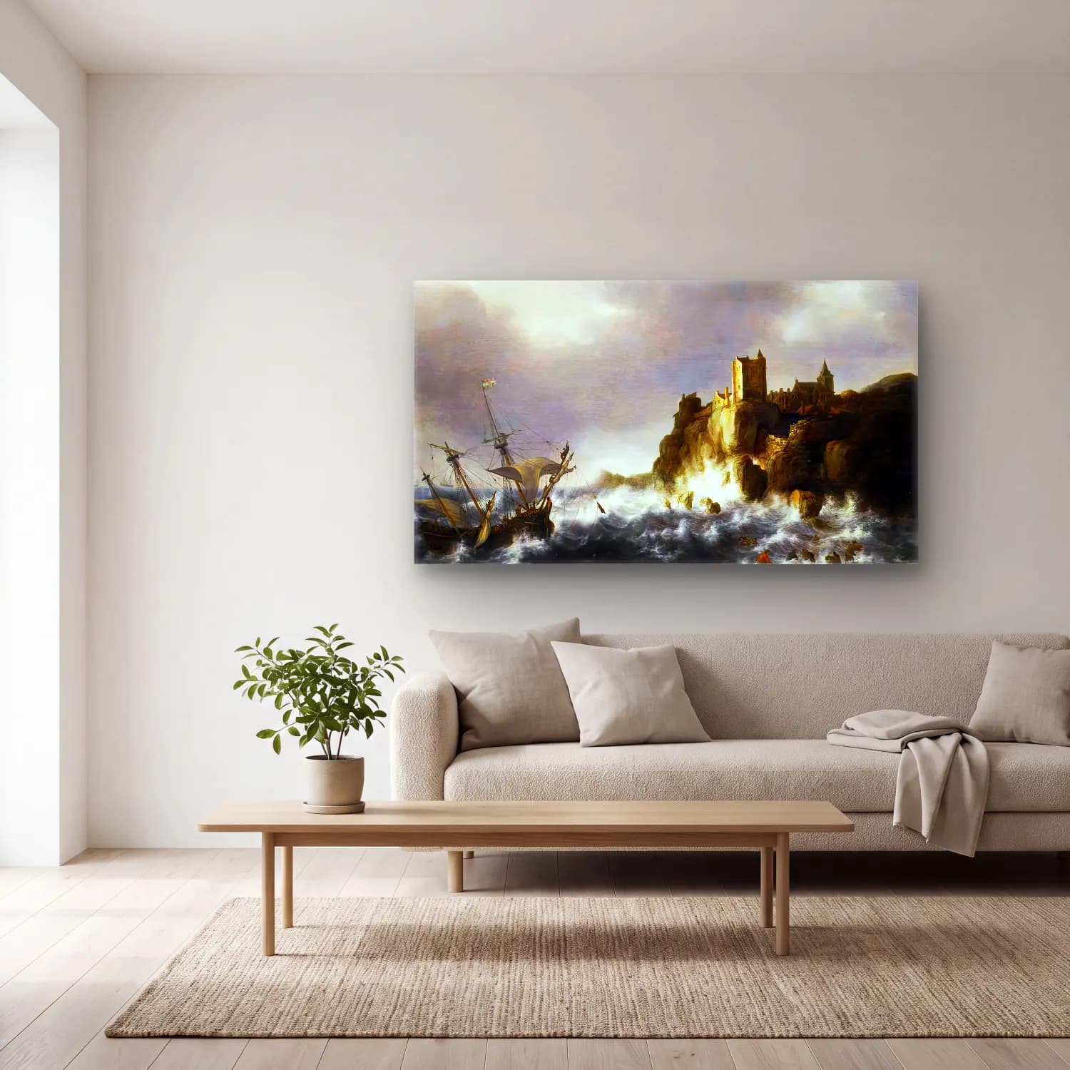 Jan Abrahamsz. Beerstraten – Shipwreck in Stormy Seas, near a Rocky Coast cam tablo — açık renk salonda