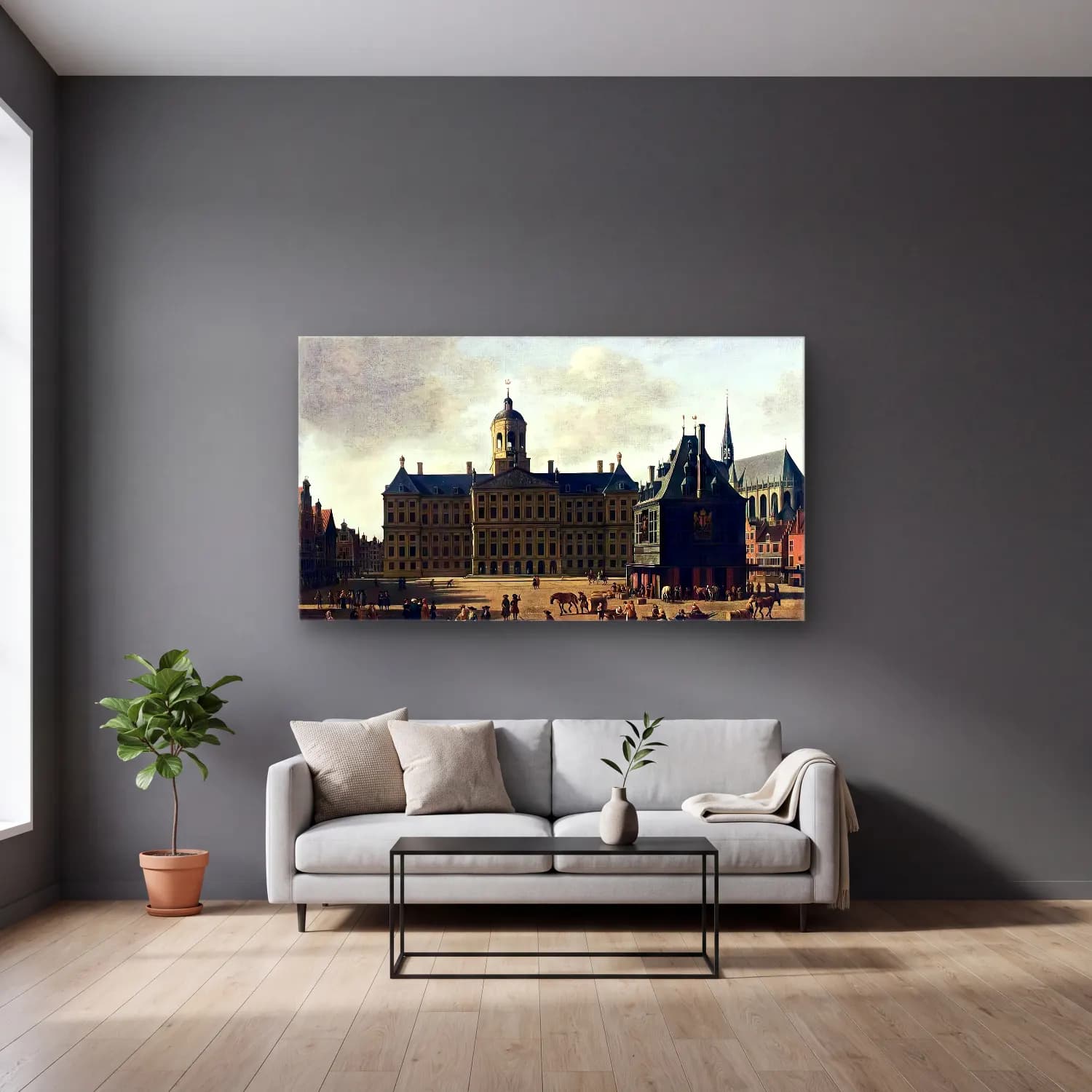 Gerrit Adriaensz. Berckheyde – Amsterdam View of the Dam with the Town Hall cam tablo — gri duvarlı salonda