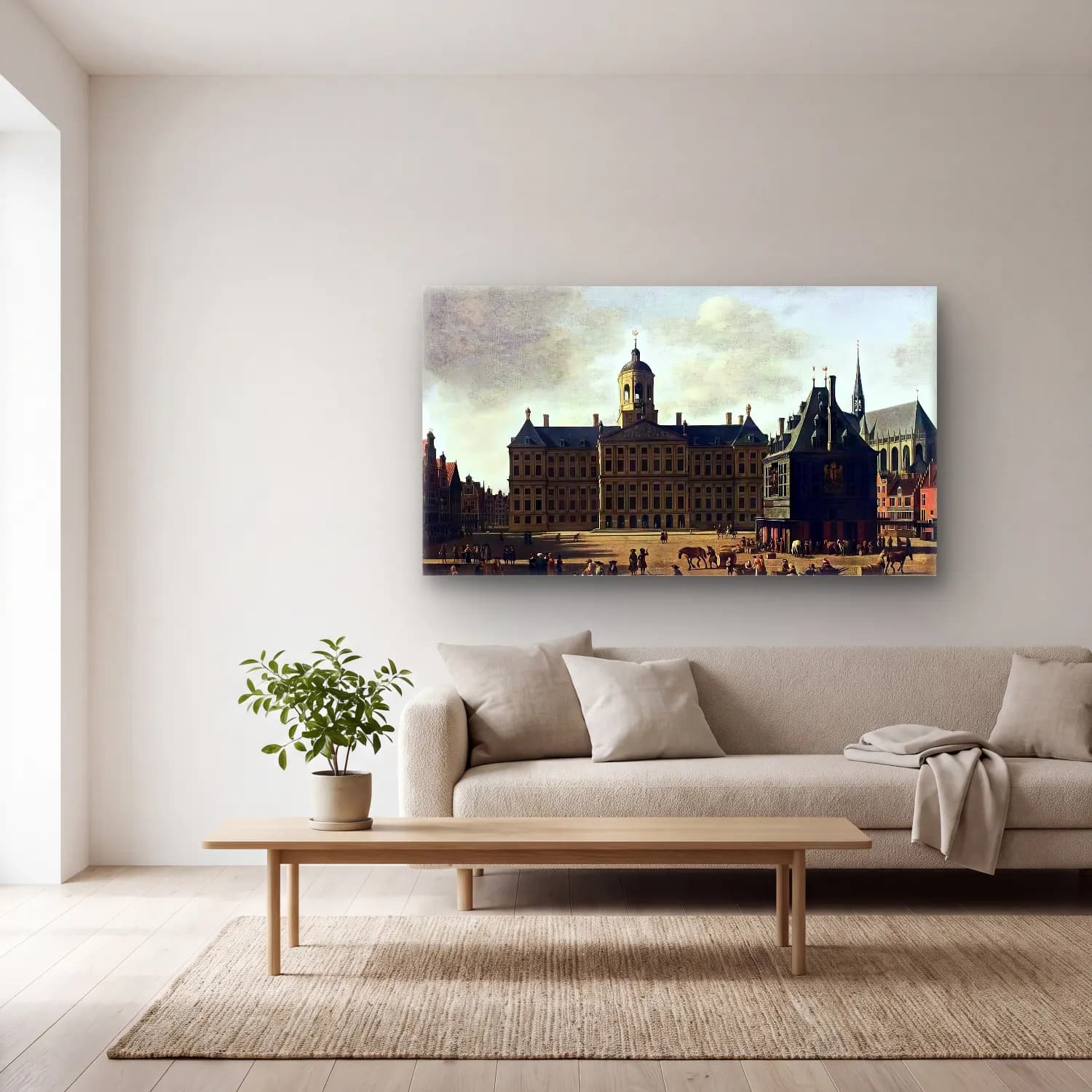 Gerrit Adriaensz. Berckheyde – Amsterdam View of the Dam with the Town Hall cam tablo — açık renk salonda