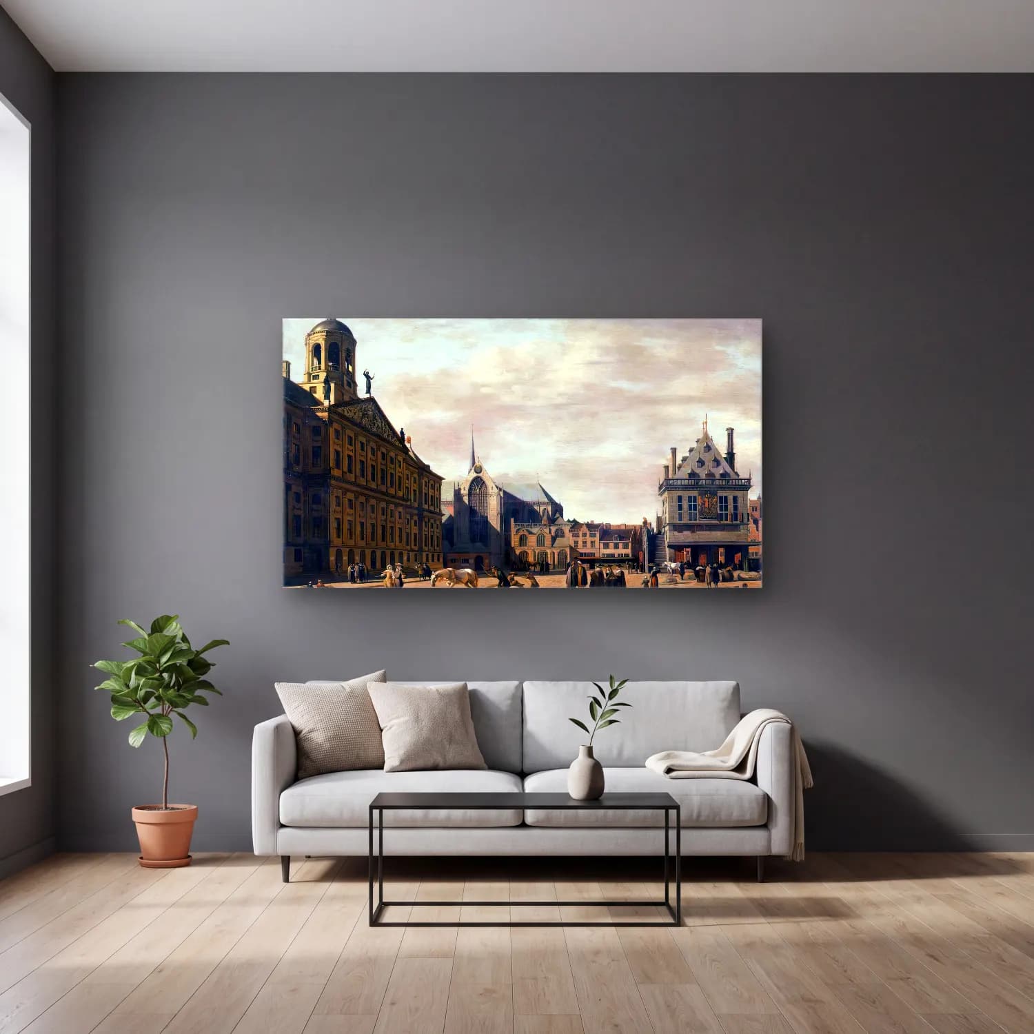 Gerrit Adriaensz. Berckheyde – Amsterdam, Dam Square Looking North cam tablo — gri duvarlı salonda