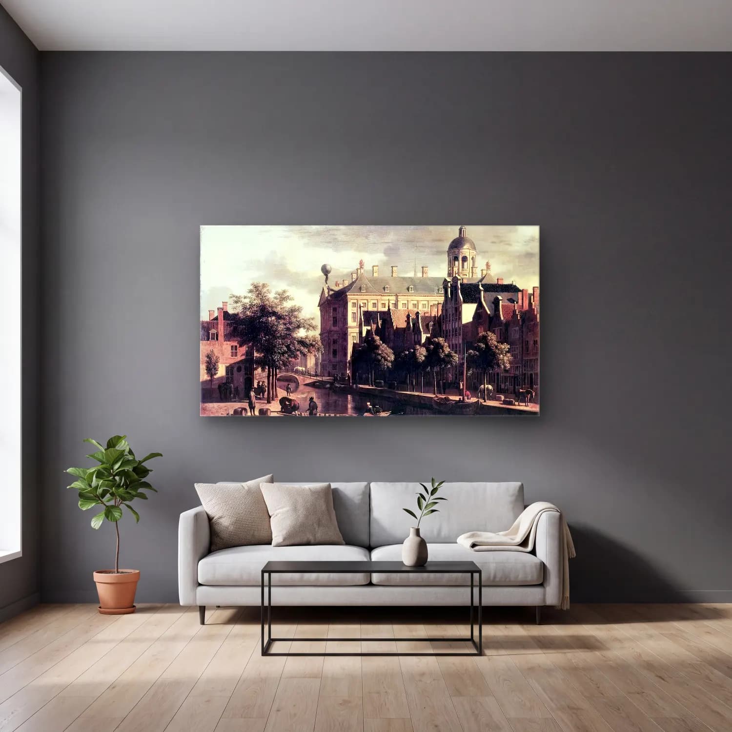 Gerrit Adriaensz. Berckheyde – Amsterdam, the Nieuwezijds near the Bloemmarkt cam tablo — gri duvarlı salonda