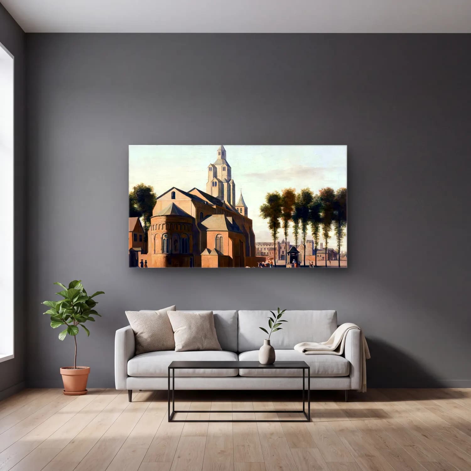 Gerrit Adriaensz. Berckheyde – Church of St Cecilia, Cologne cam tablo — gri duvarlı salonda