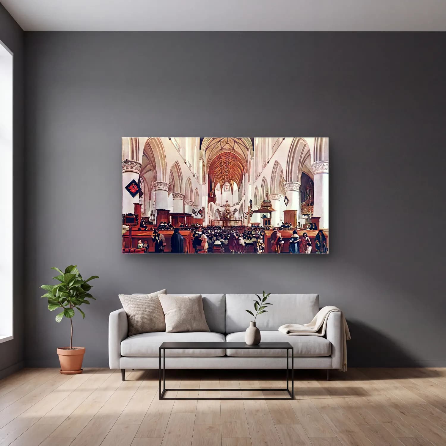 Gerrit Adriaensz. Berckheyde – The Interior of the Grote Kerk (St Bavo) at Haarlem cam tablo — gri duvarlı salonda