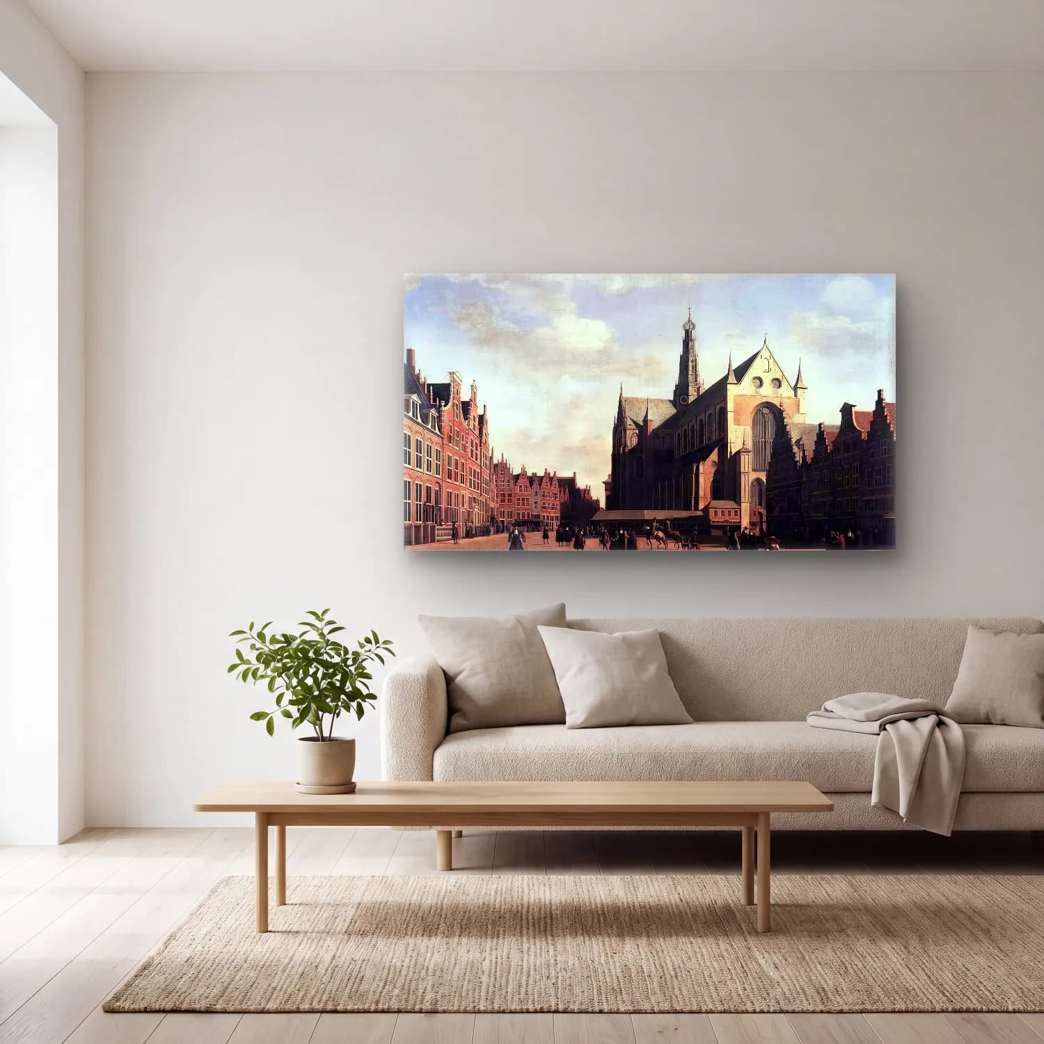 Gerrit Adriaensz. Berckheyde – The Market Square at Haarlem with the St Bavo cam tablo — açık renk salonda