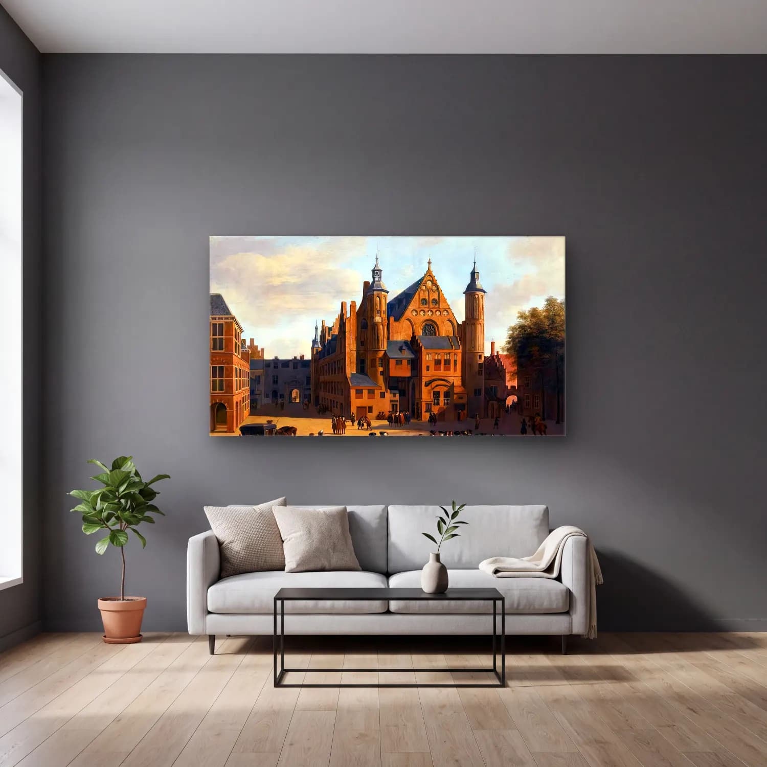 Gerrit Adriaensz. Berckheyde – View of the Binnenhof in The Hague with the Ridderzaal cam tablo — gri duvarlı salonda