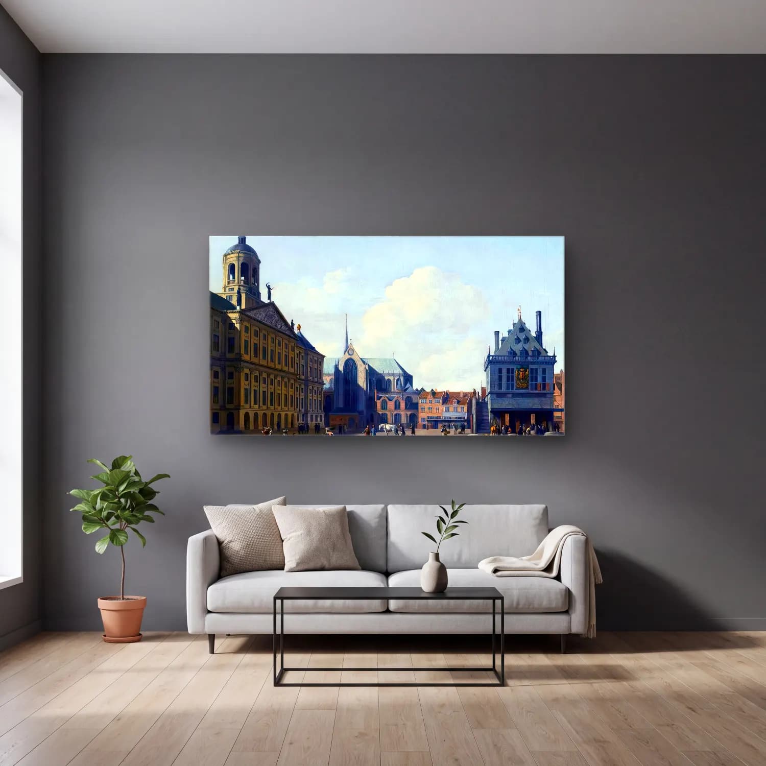 Gerrit Adriaensz. Berckheyde – View of the Dam Square, Amsterdam cam tablo — gri duvarlı salonda