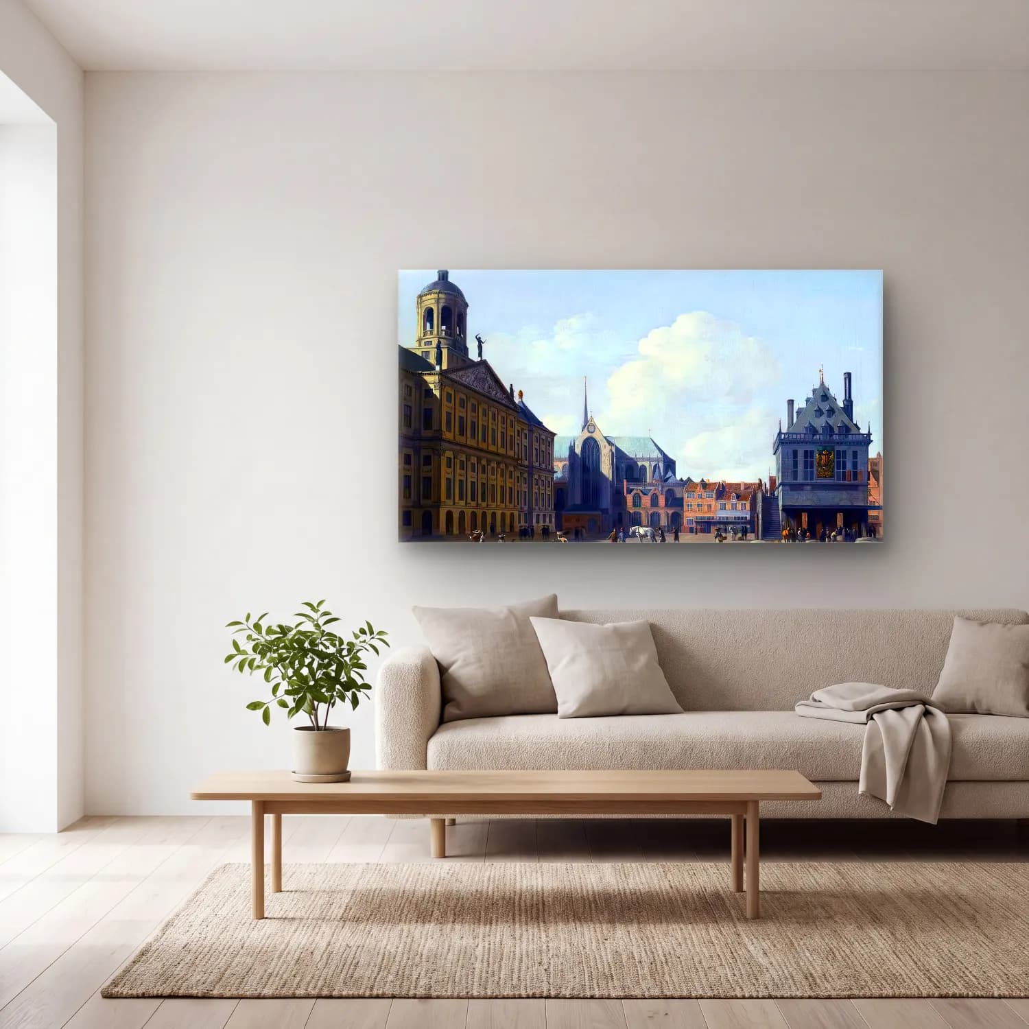 Gerrit Adriaensz. Berckheyde – View of the Dam Square, Amsterdam cam tablo — açık renk salonda