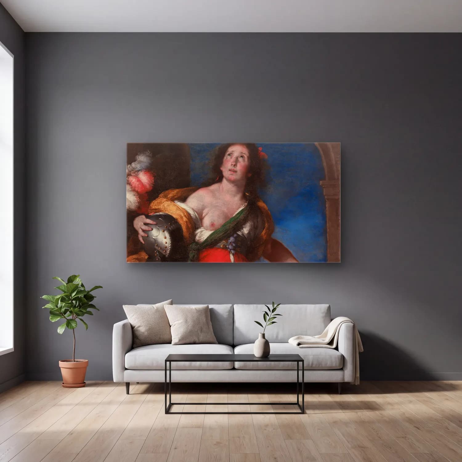 Bernardo Strozzi – Allegorical Figure cam tablo — gri duvarlı salonda