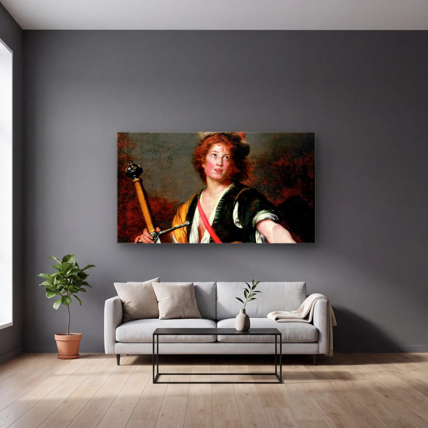 Bernardo Strozzi – David with the Head of Goliath cam tablo — gri duvarlı salonda