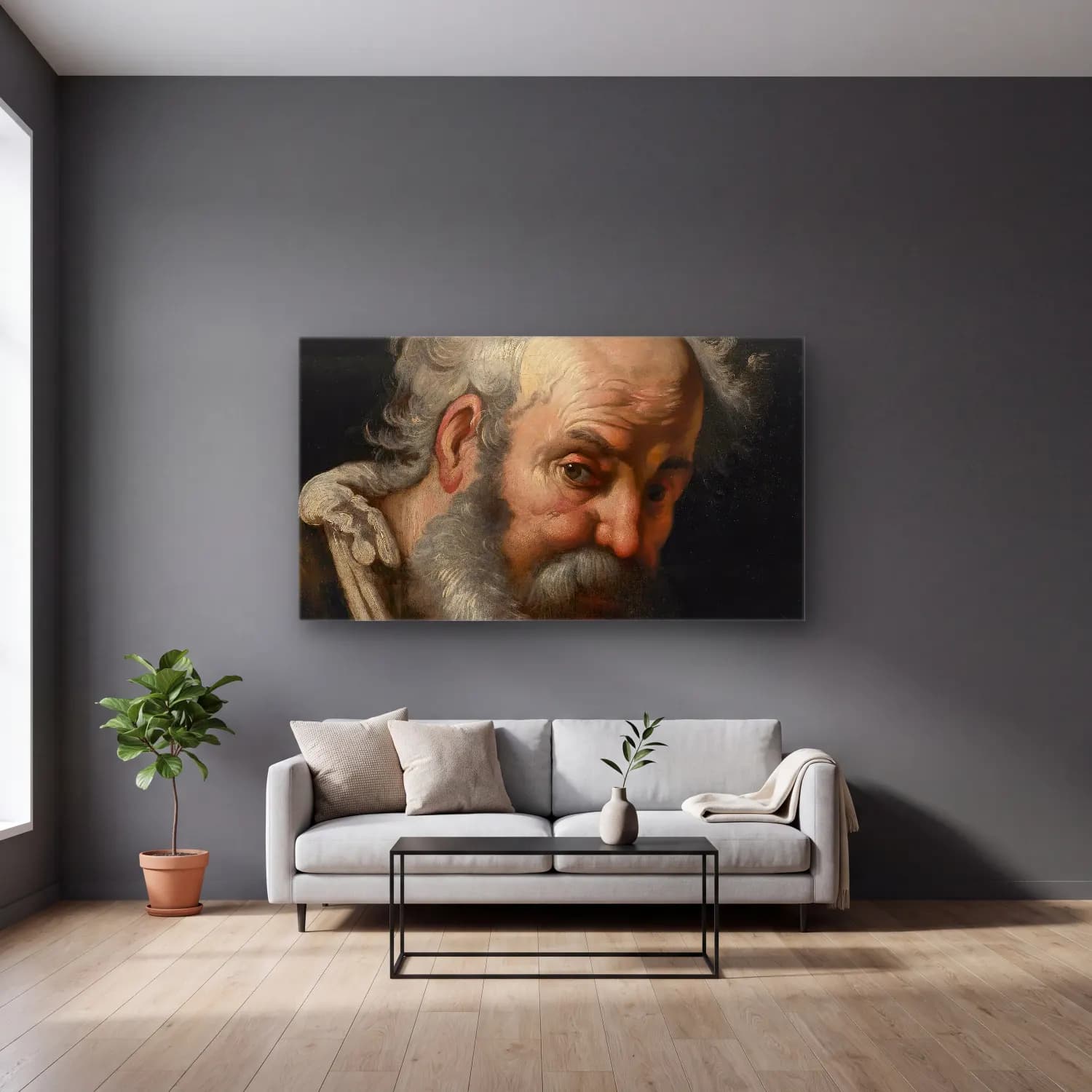 Bernardo Strozzi – Head Of A Bearded Man cam tablo — gri duvarlı salonda