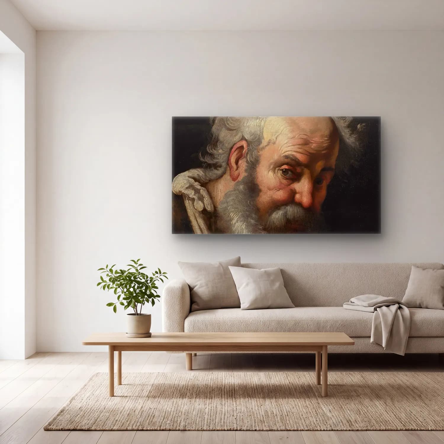 Bernardo Strozzi – Head Of A Bearded Man cam tablo — açık renk salonda