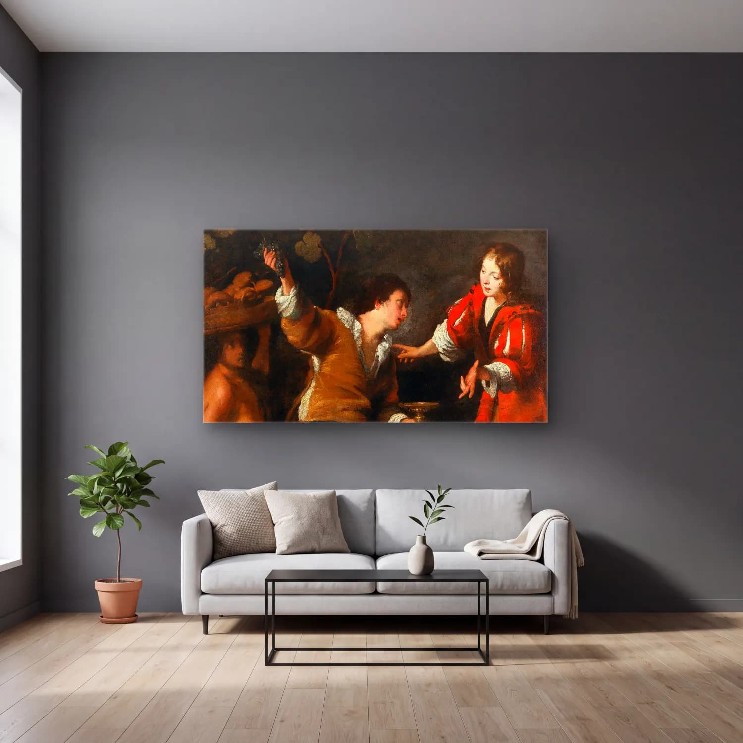 Bernardo Strozzi – Joseph interpreting dreams cam tablo — gri duvarlı salonda