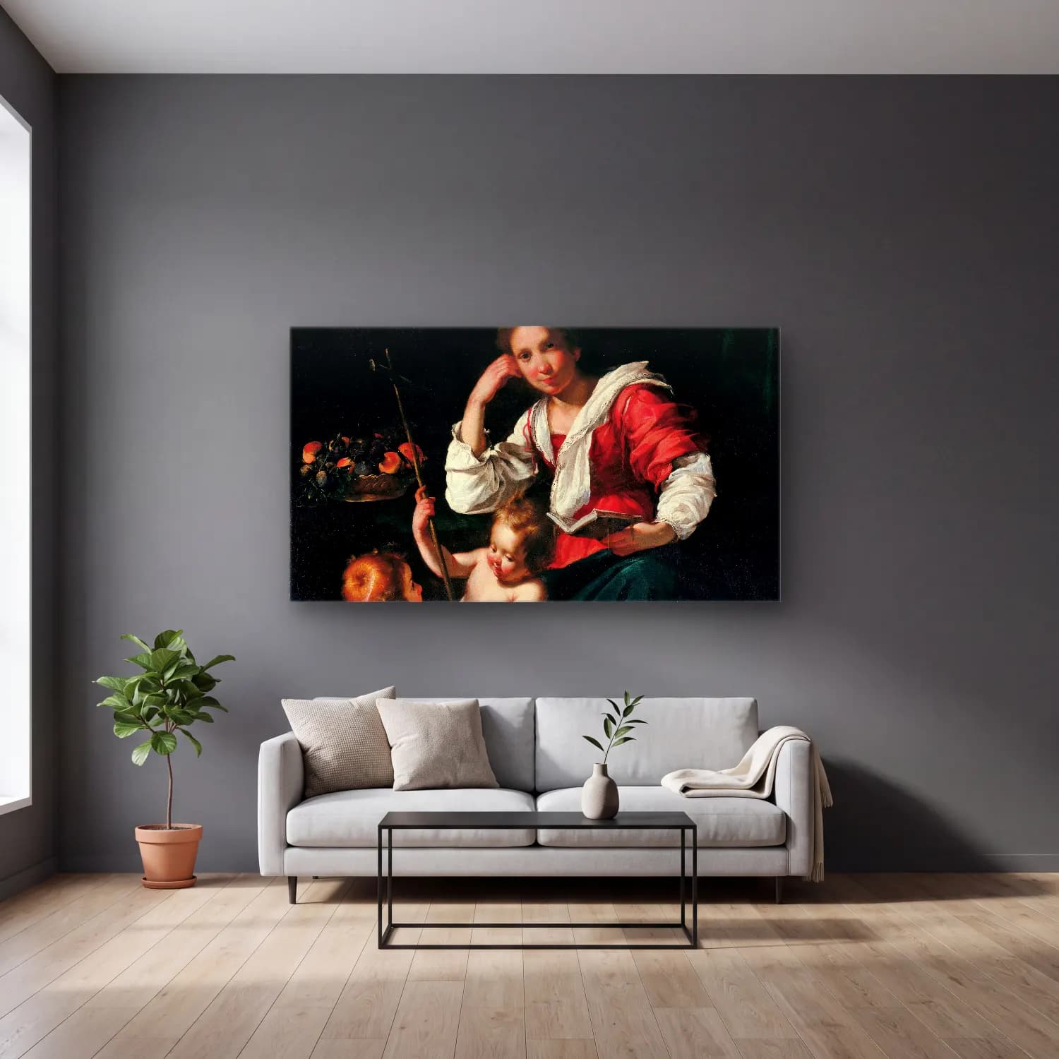 Bernardo Strozzi – Madonna And Child With Infant Saint John cam tablo — gri duvarlı salonda
