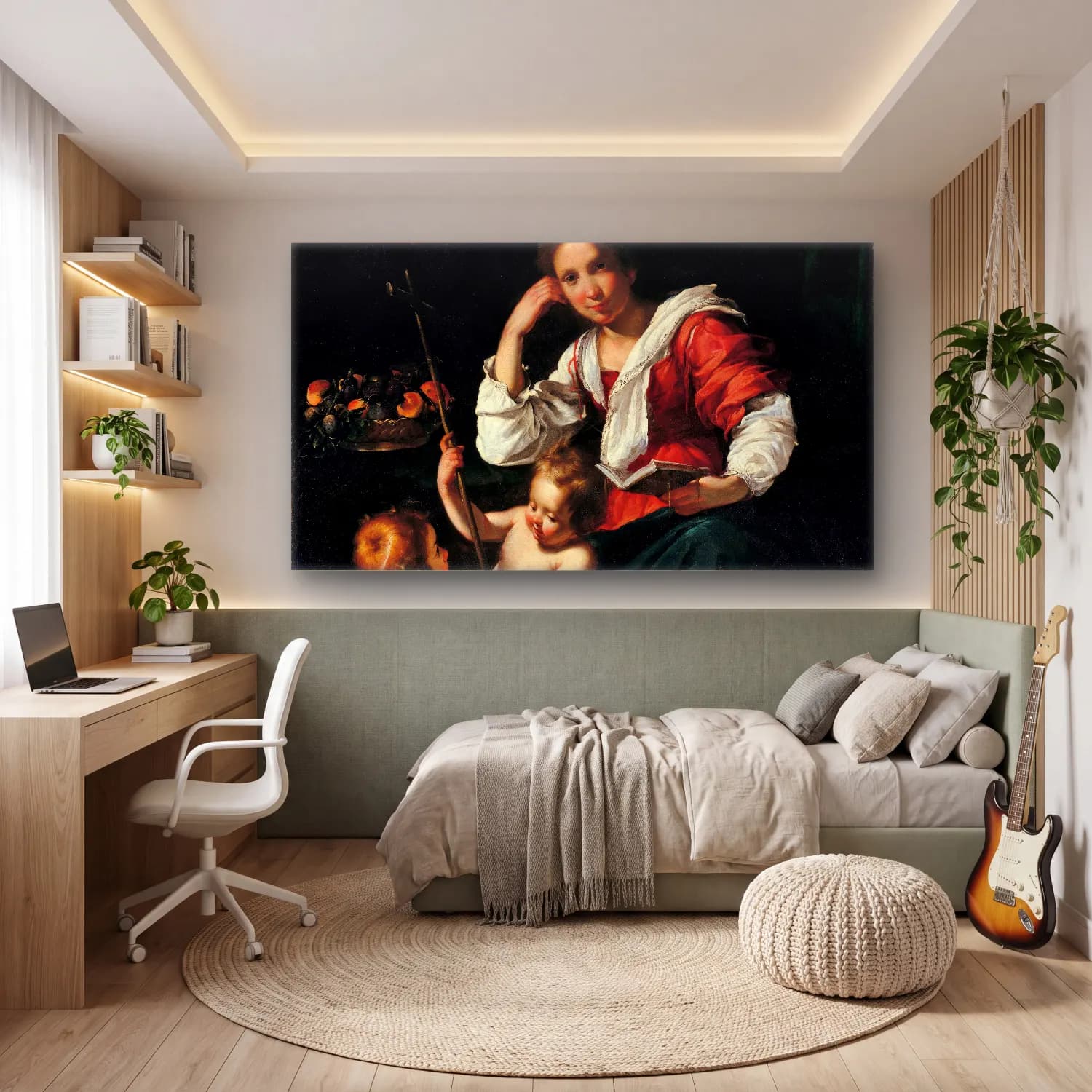 Bernardo Strozzi – Madonna And Child With Infant Saint John cam tablo — genç odasında