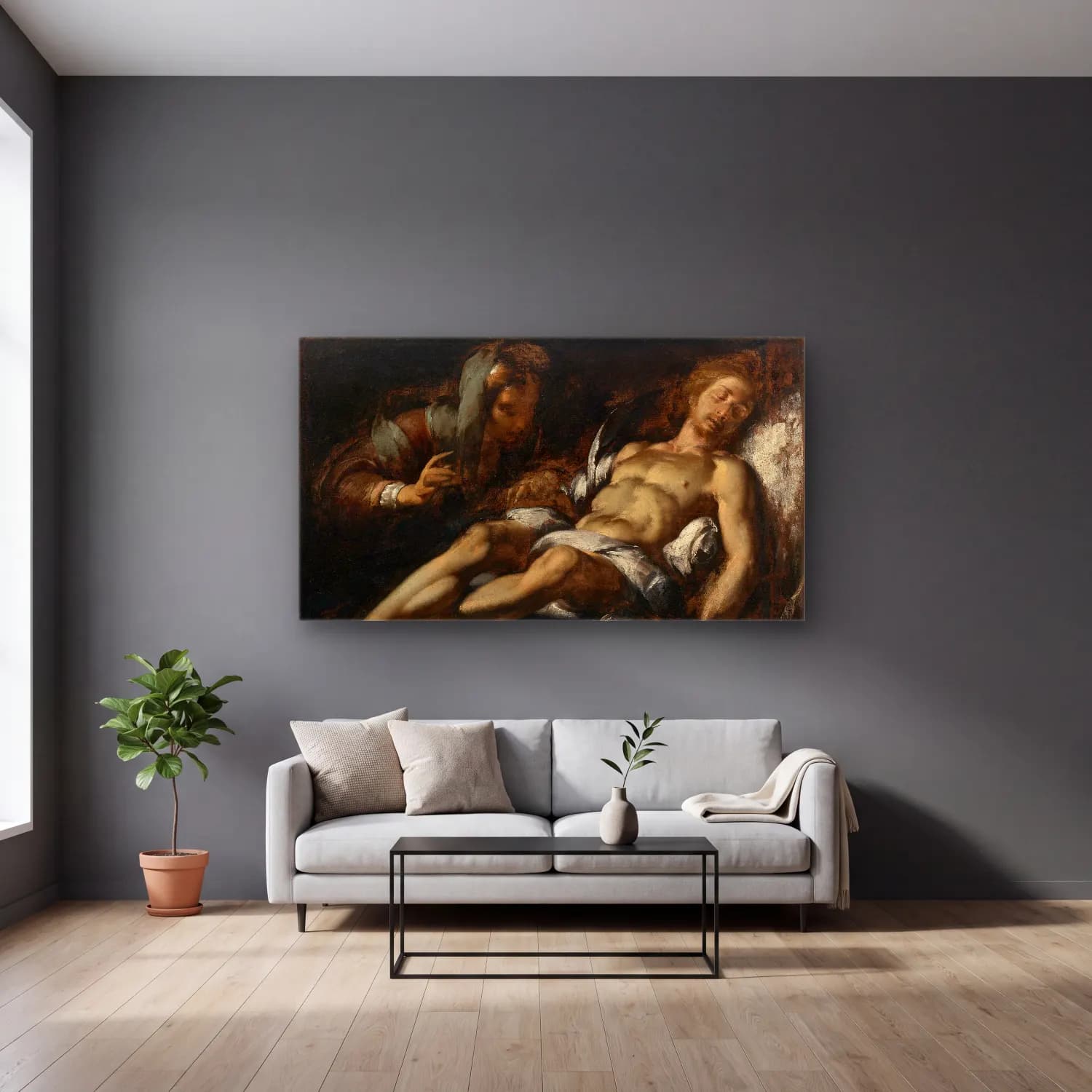 Bernardo Strozzi – Pietá cam tablo — gri duvarlı salonda