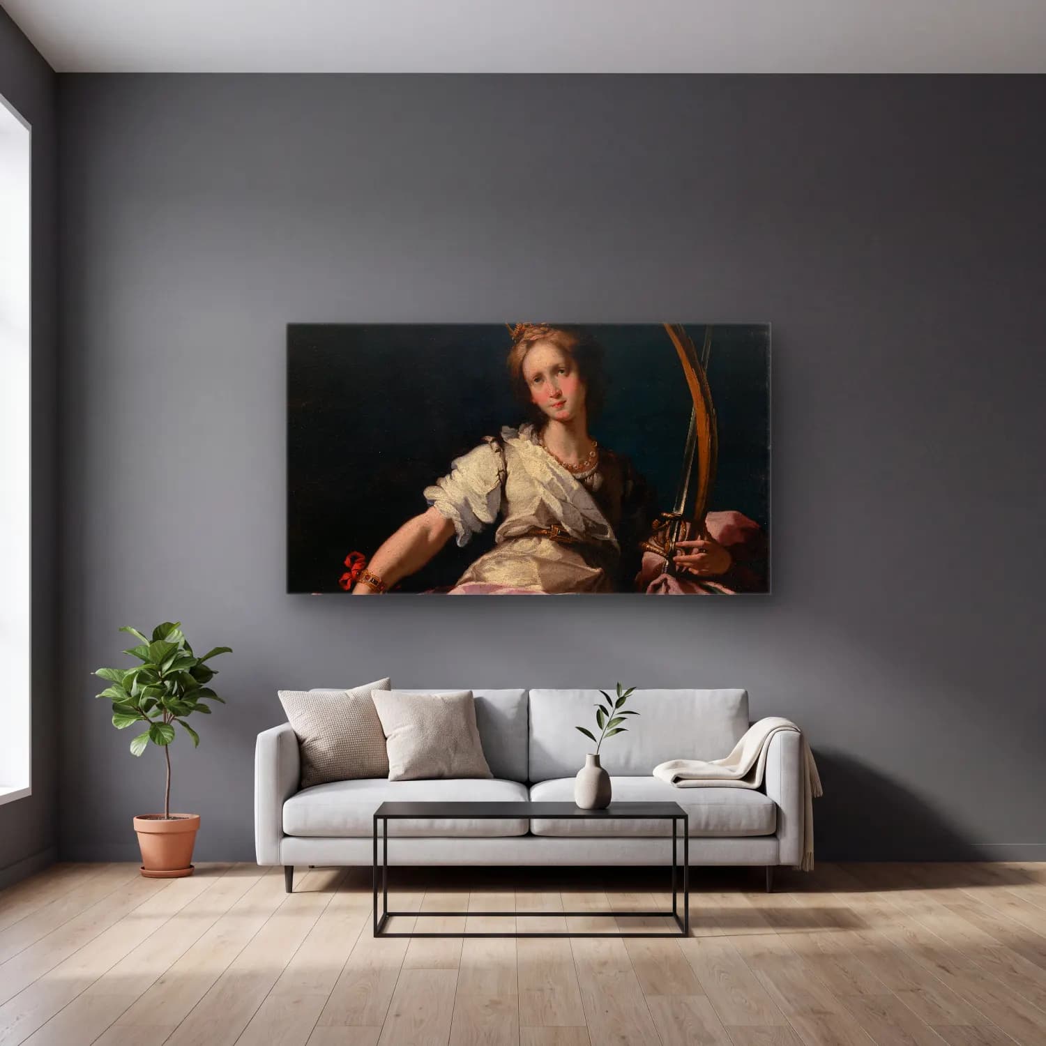 Bernardo Strozzi – Saint Catherine of Alexandria (circa 1615) cam tablo — gri duvarlı salonda
