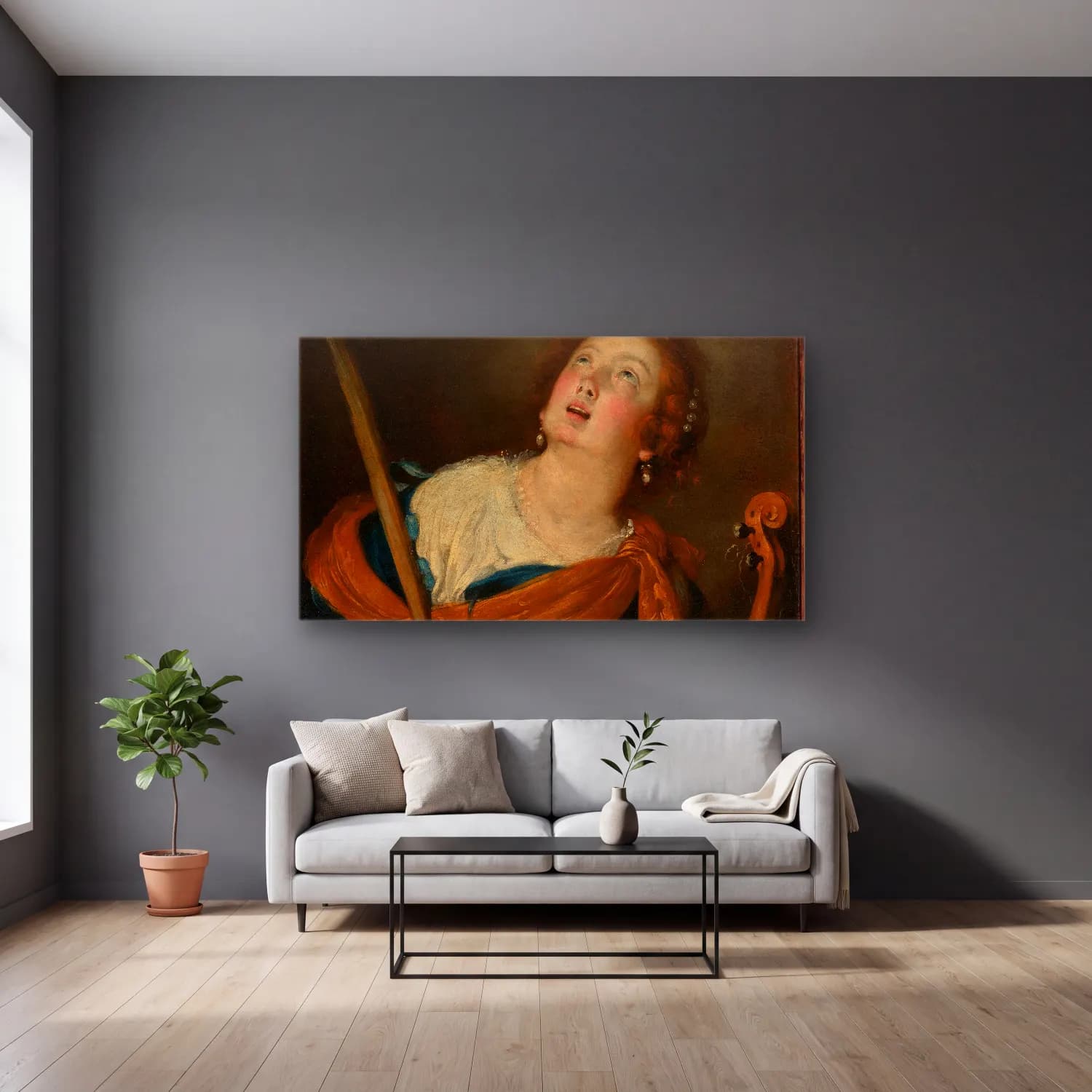 Bernardo Strozzi – Saint Cecilia cam tablo — gri duvarlı salonda