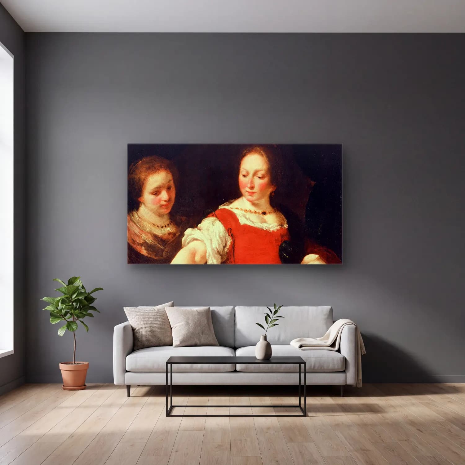 Bernardo Strozzi – Salome (after 1630) cam tablo — gri duvarlı salonda