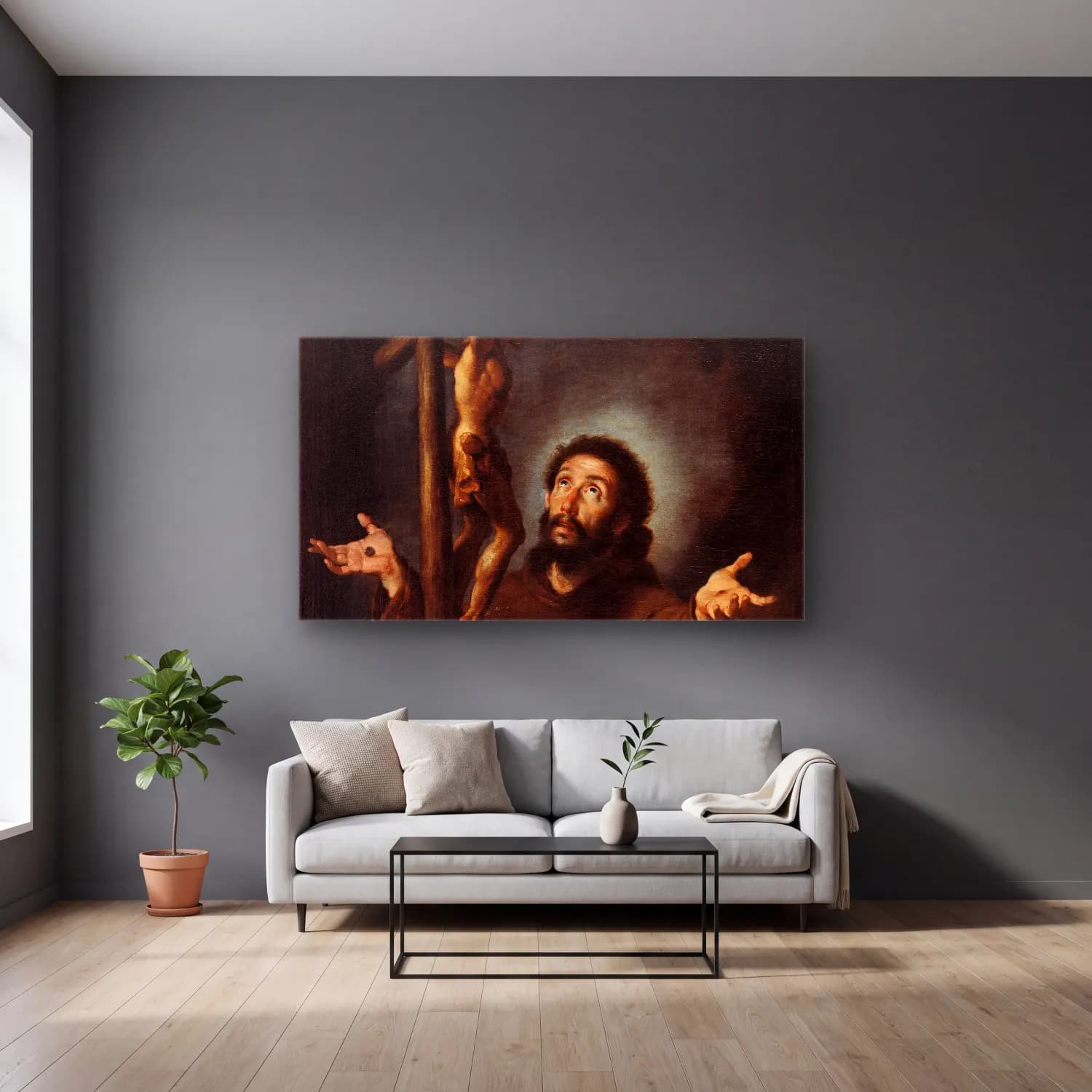 Bernardo Strozzi – St Francis Of Assisi Adoring The Crucifix (circa 1615) cam tablo — gri duvarlı salonda