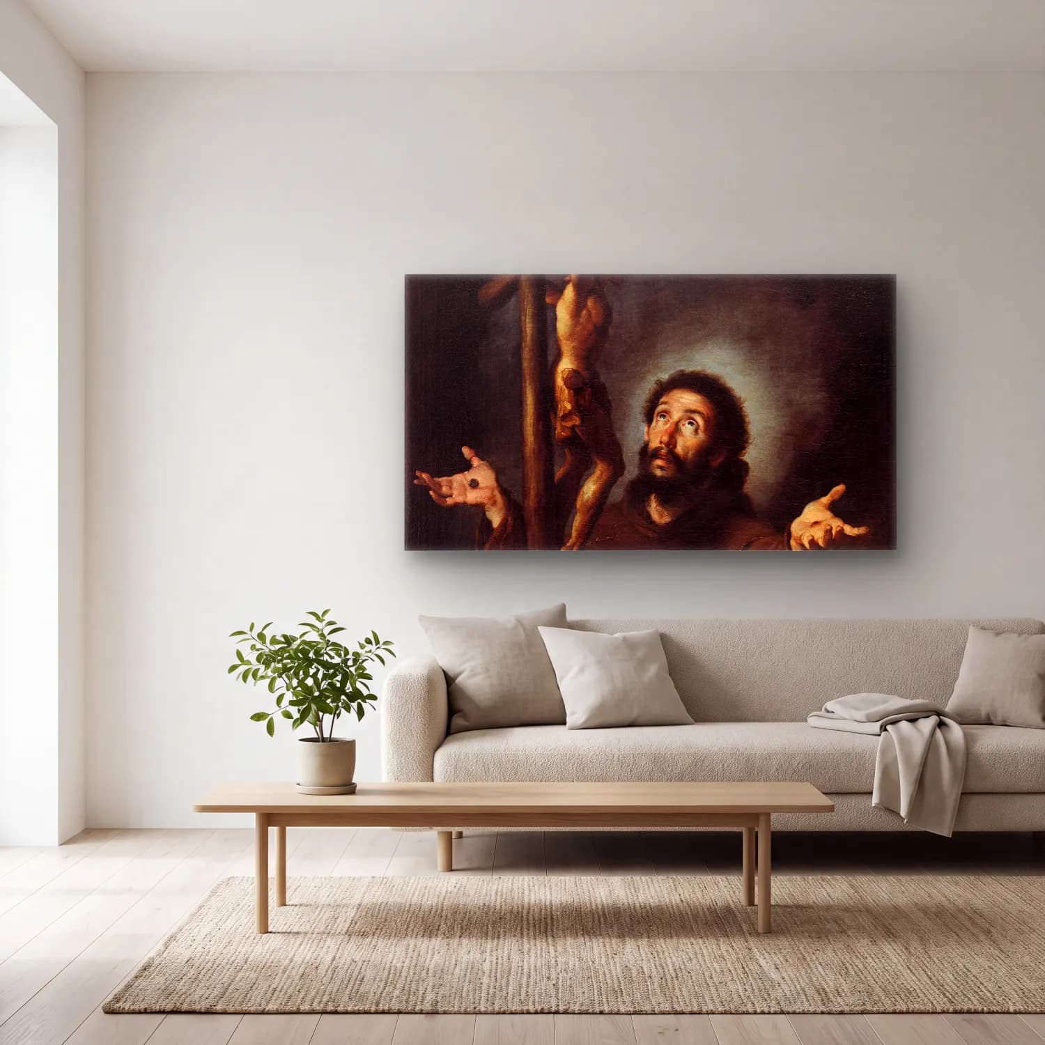Bernardo Strozzi – St Francis Of Assisi Adoring The Crucifix (circa 1615) cam tablo — açık renk salonda
