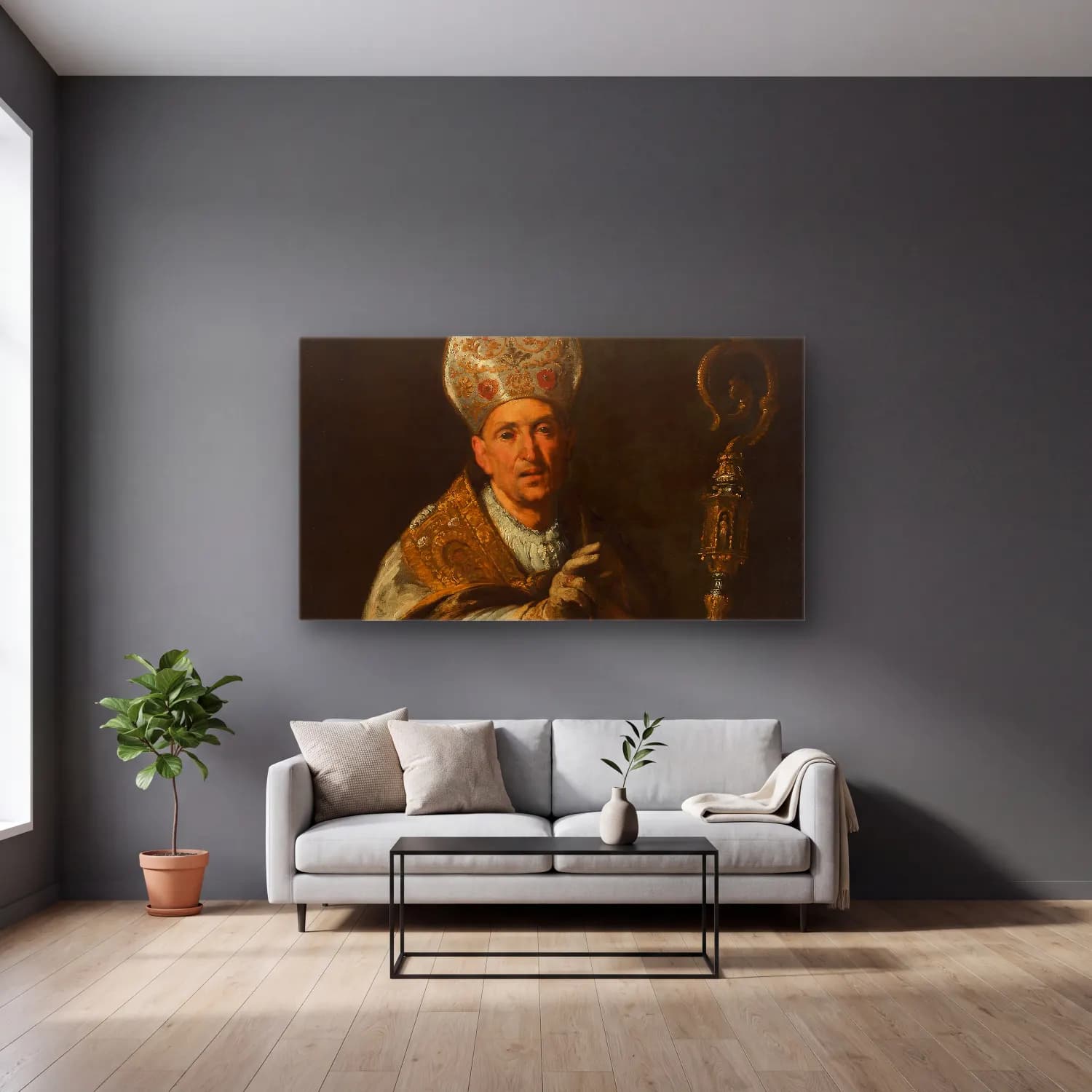 Bernardo Strozzi – St. Gerardo Sagredo, Bishop of Csanád cam tablo — gri duvarlı salonda