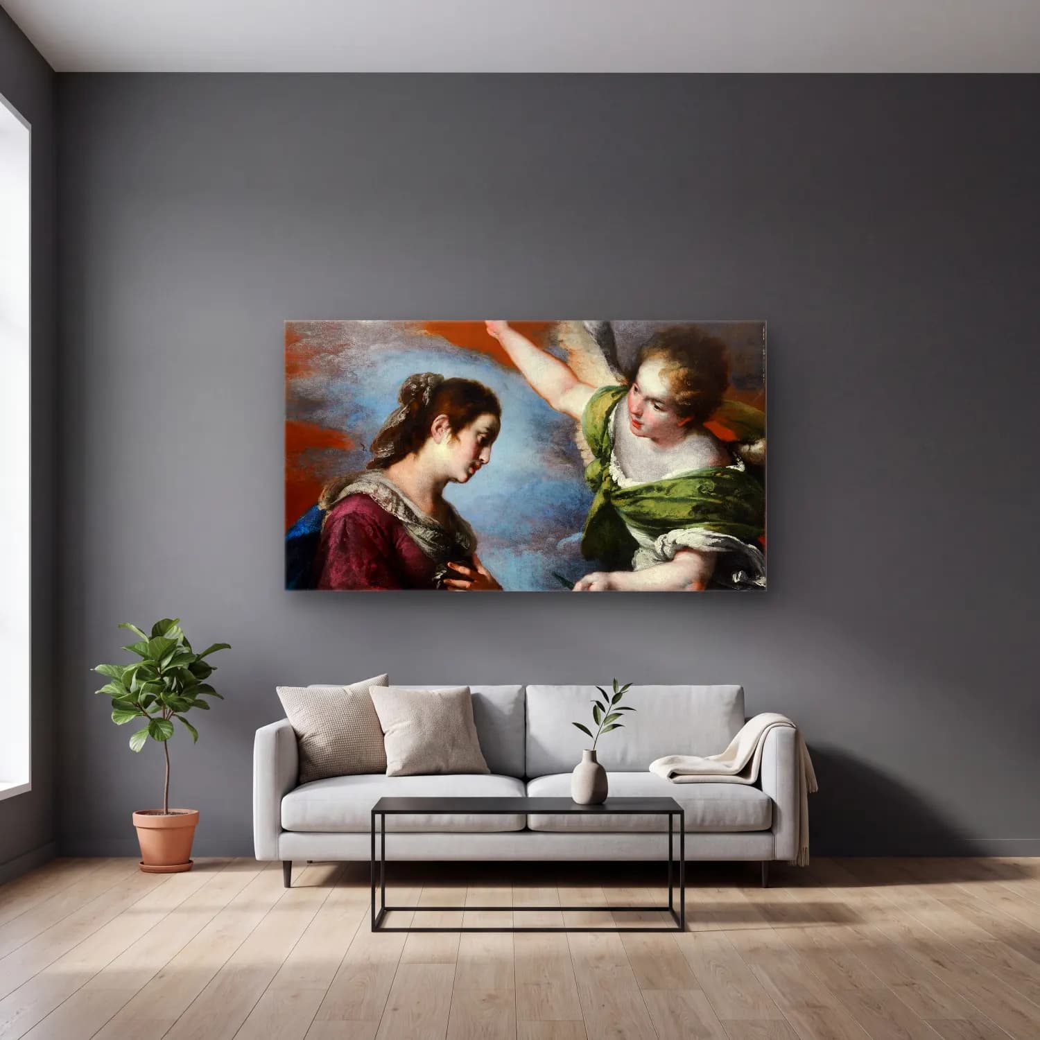 Bernardo Strozzi – The Annunciation cam tablo — gri duvarlı salonda
