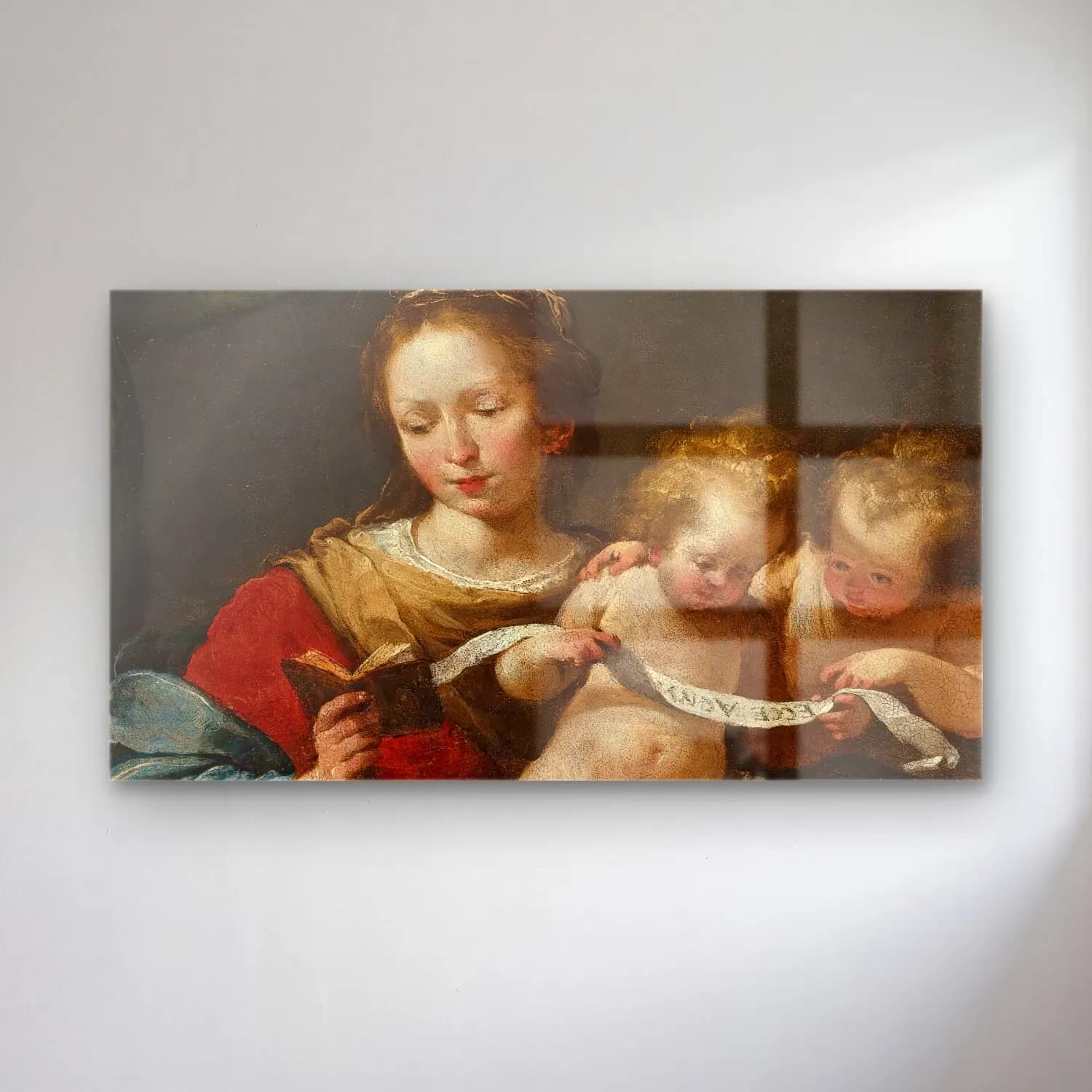 Bernardo Strozzi – The Madonna Reading, With The Christ Child And Infant Saint… cam tablo — Bernardo Strozzi – The Madonna Reading, With The Christ Child And Infant Saint… — yağlı boya kitap okuyan kadın
