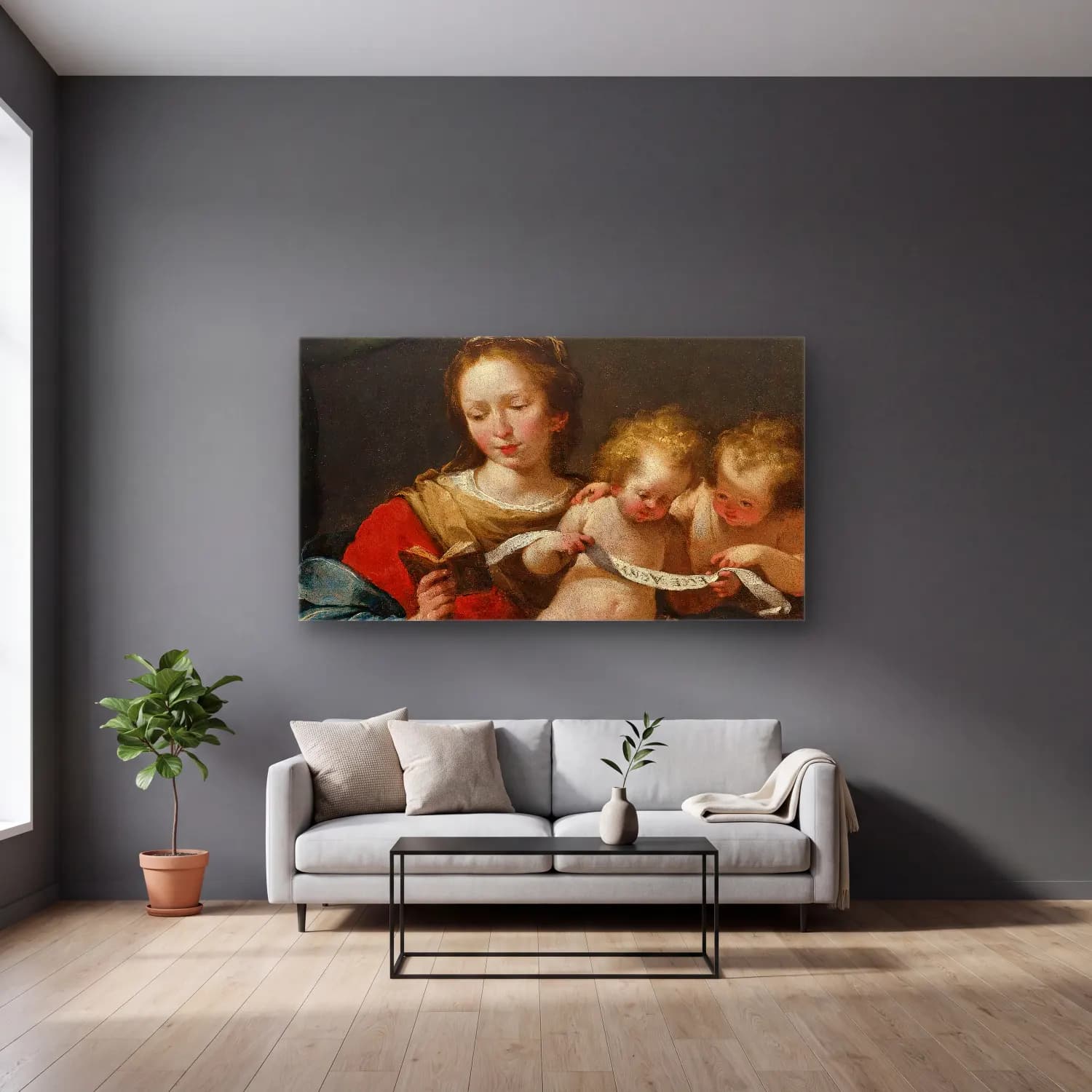 Bernardo Strozzi – The Madonna Reading, With The Christ Child And Infant Saint… cam tablo — gri duvarlı salonda