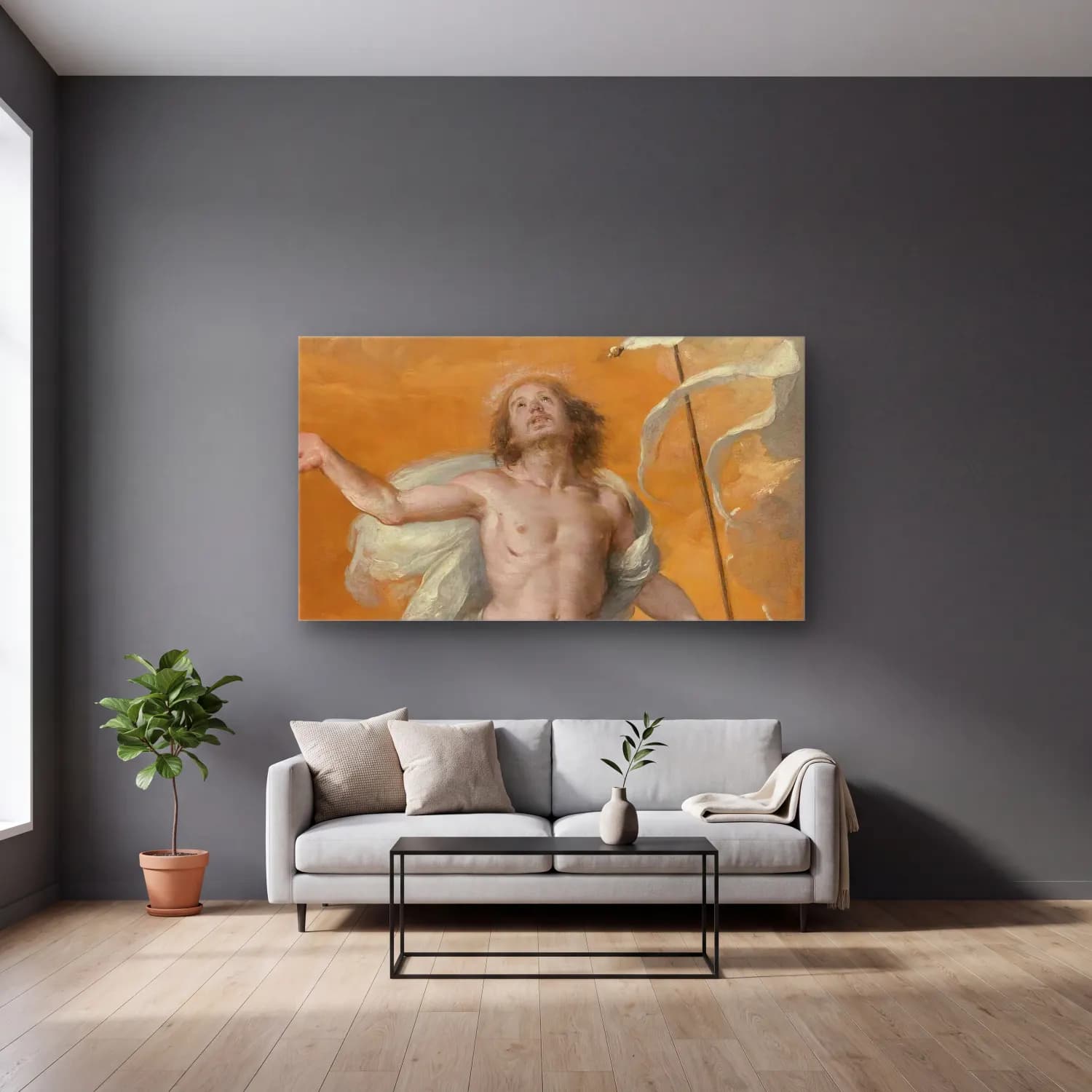 Bernardo Strozzi – The Risen Christ cam tablo — gri duvarlı salonda