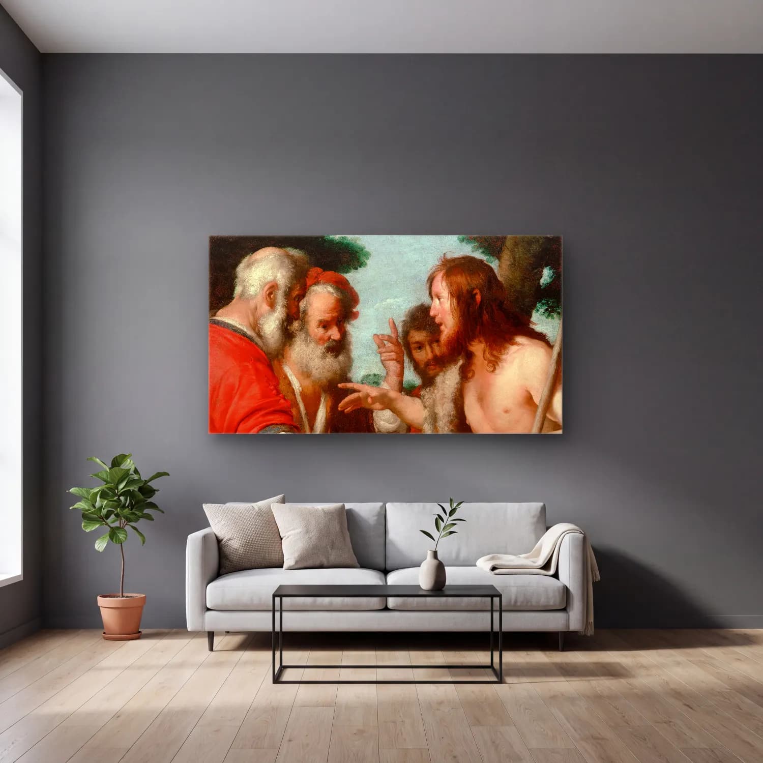 Bernardo Strozzi – The Sermon Of St. John The Baptist cam tablo — gri duvarlı salonda