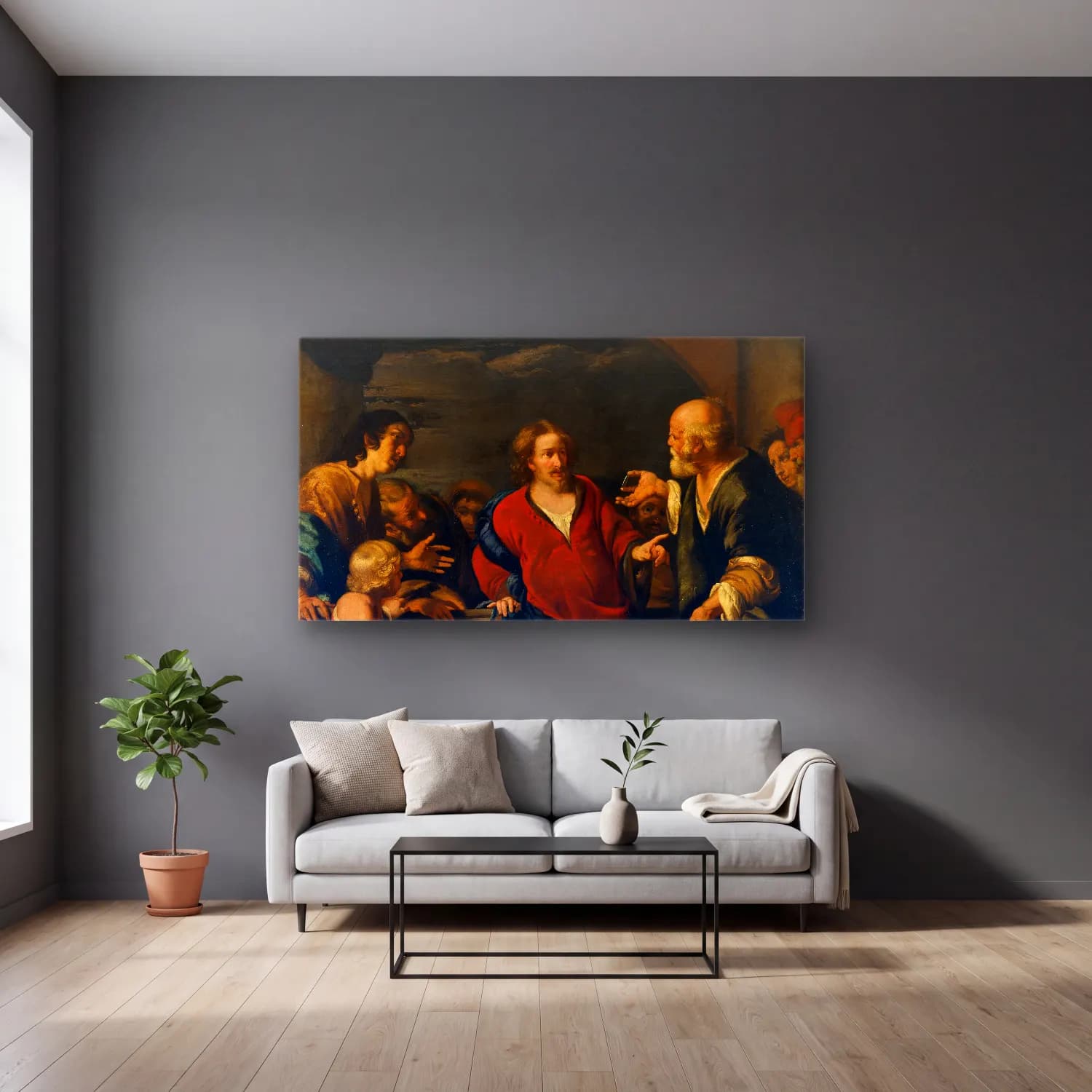 Bernardo Strozzi – The Tribute Money cam tablo — gri duvarlı salonda