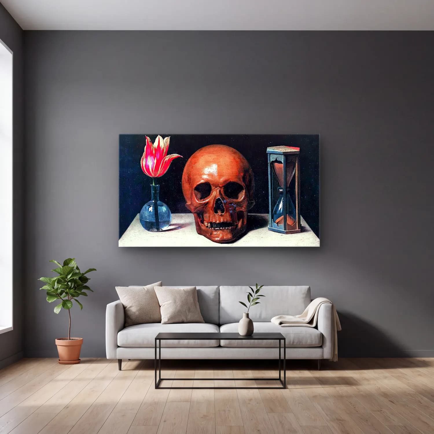 Philippe de Champaigne – Still-Life with a Skull cam tablo — gri duvarlı salonda