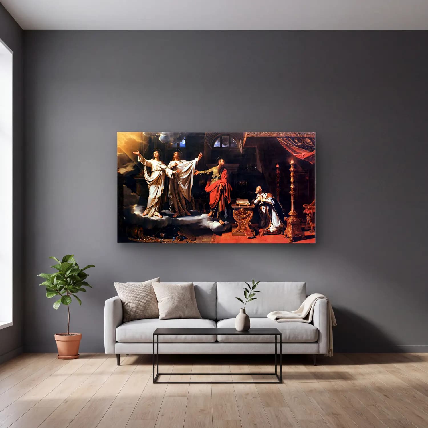 Philippe de Champaigne – Sts Gervase and Protase Appearing to St Ambrose cam tablo — gri duvarlı salonda