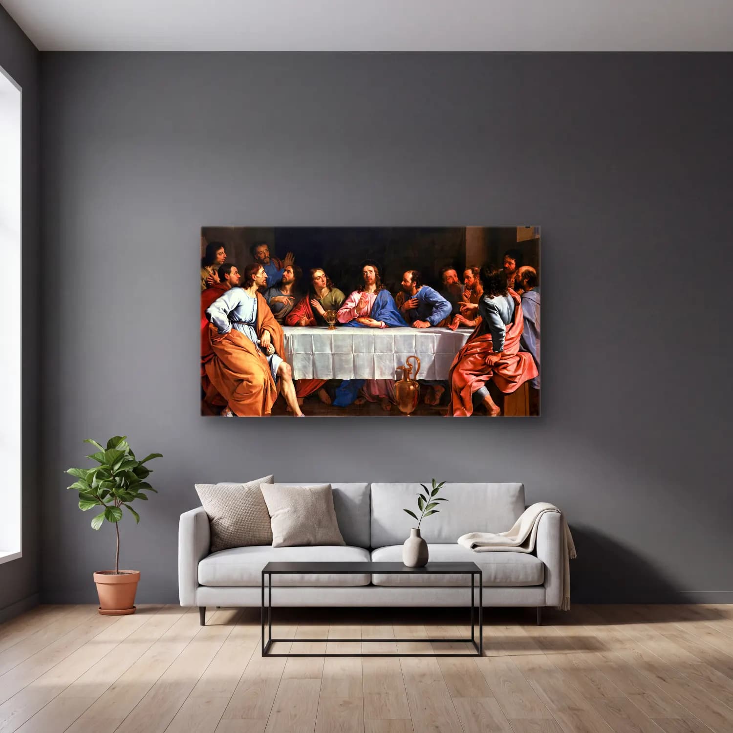 Philippe de Champaigne – The Last Supper cam tablo — gri duvarlı salonda
