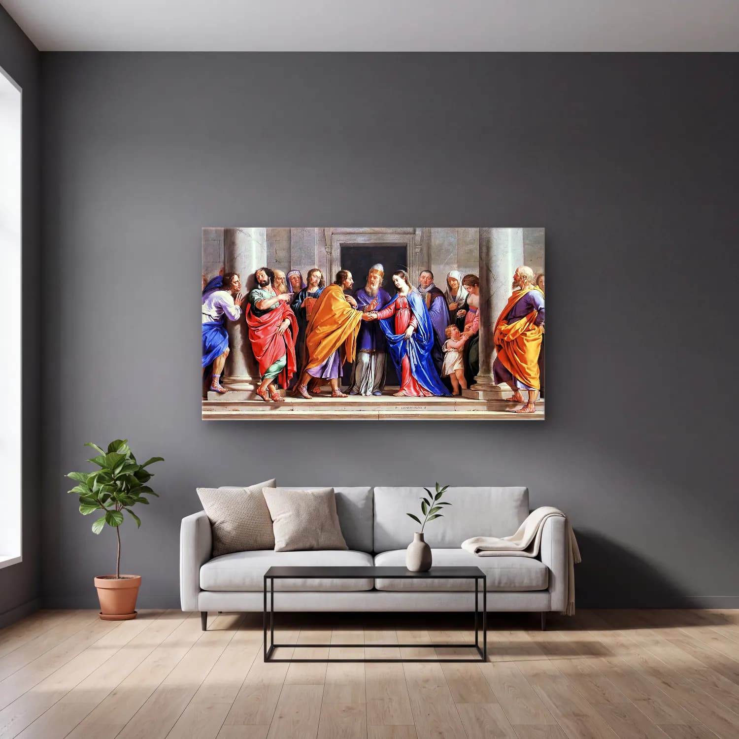 Philippe de Champaigne – The Marriage of the Virgin cam tablo — gri duvarlı salonda