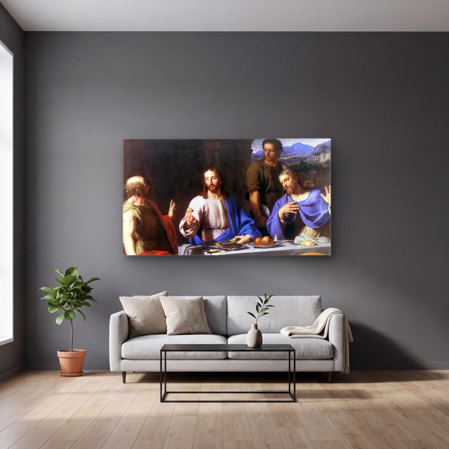 Philippe de Champaigne – The Supper at Emmaus cam tablo — gri duvarlı salonda