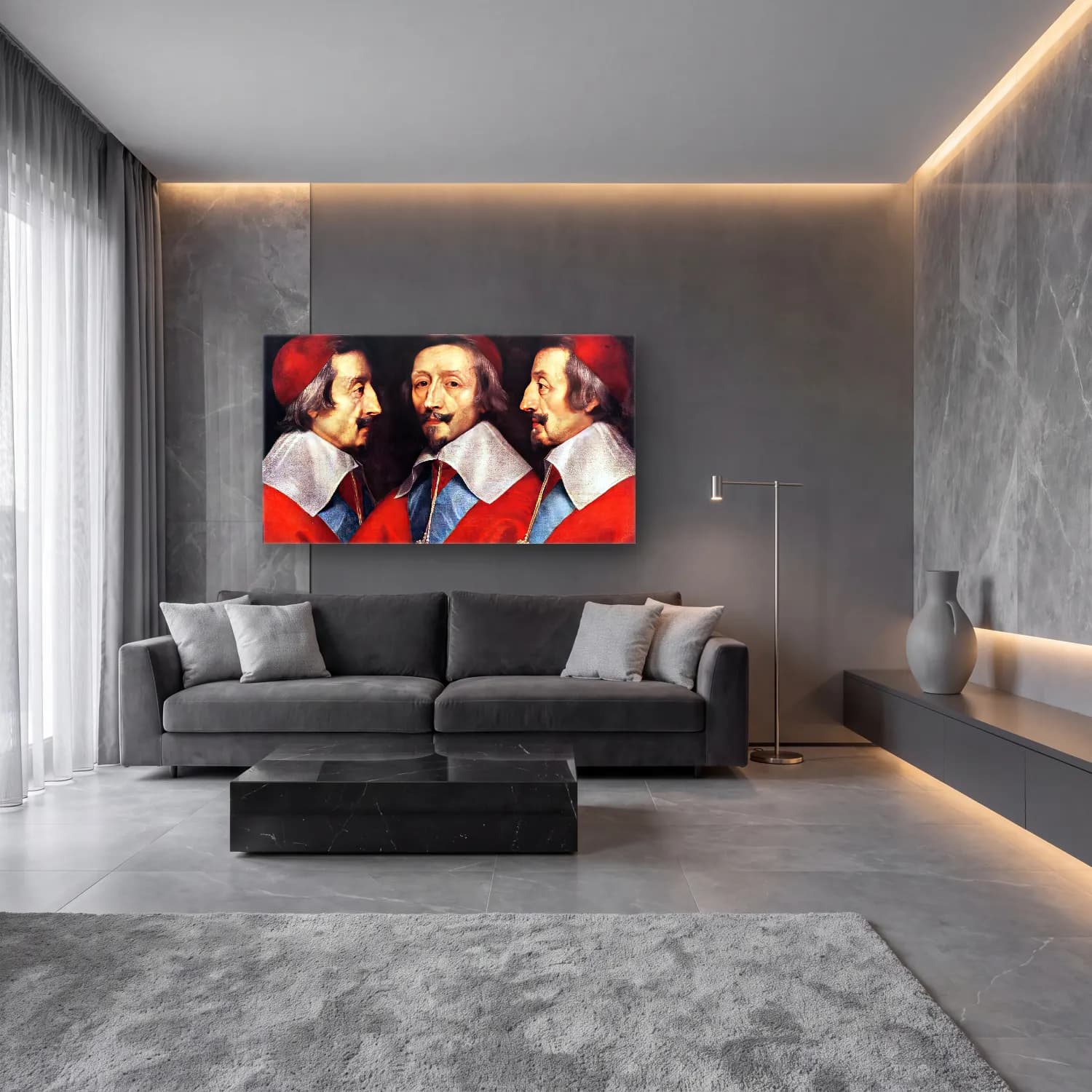 Philippe de Champaigne – Triple Portrait of Richelieu cam tablo — lüks salon duvarında