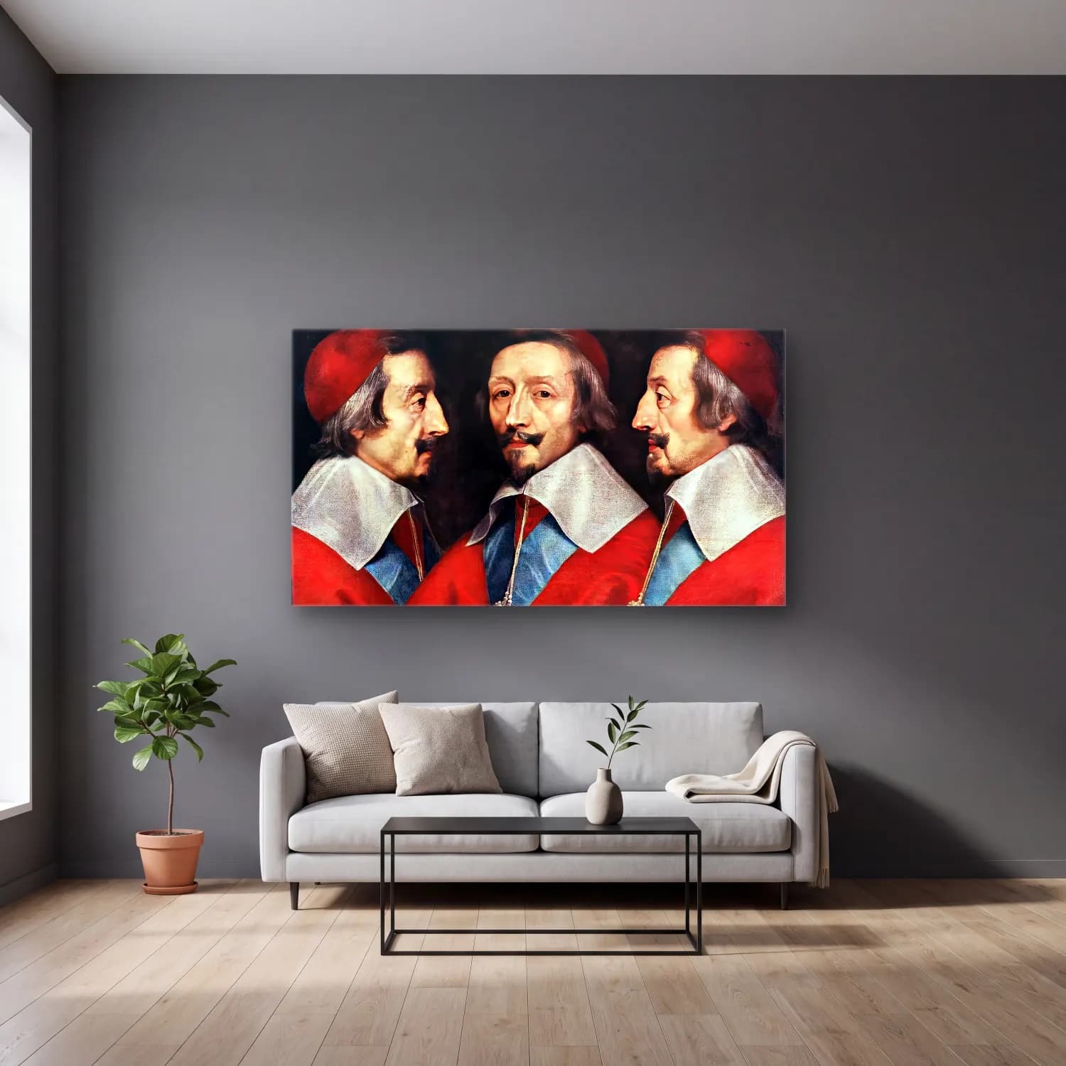 Philippe de Champaigne – Triple Portrait of Richelieu cam tablo — gri duvarlı salonda