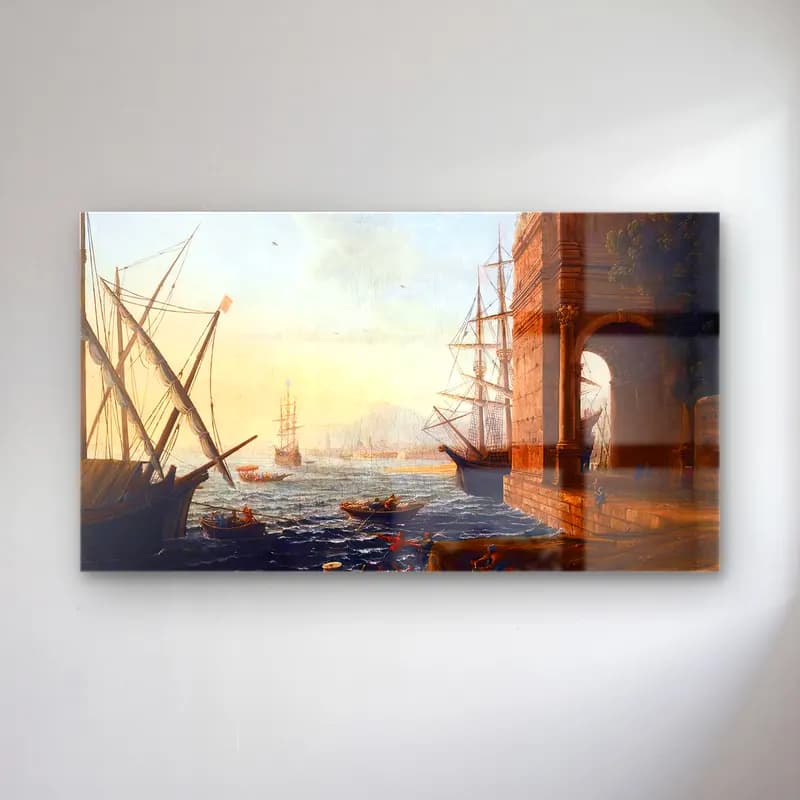 Claude Lorrain – A Mediterranean Seaport cam tablo — Claude Lorrain – A Mediterranean Seaport — yağlı boya liman ve tekneler