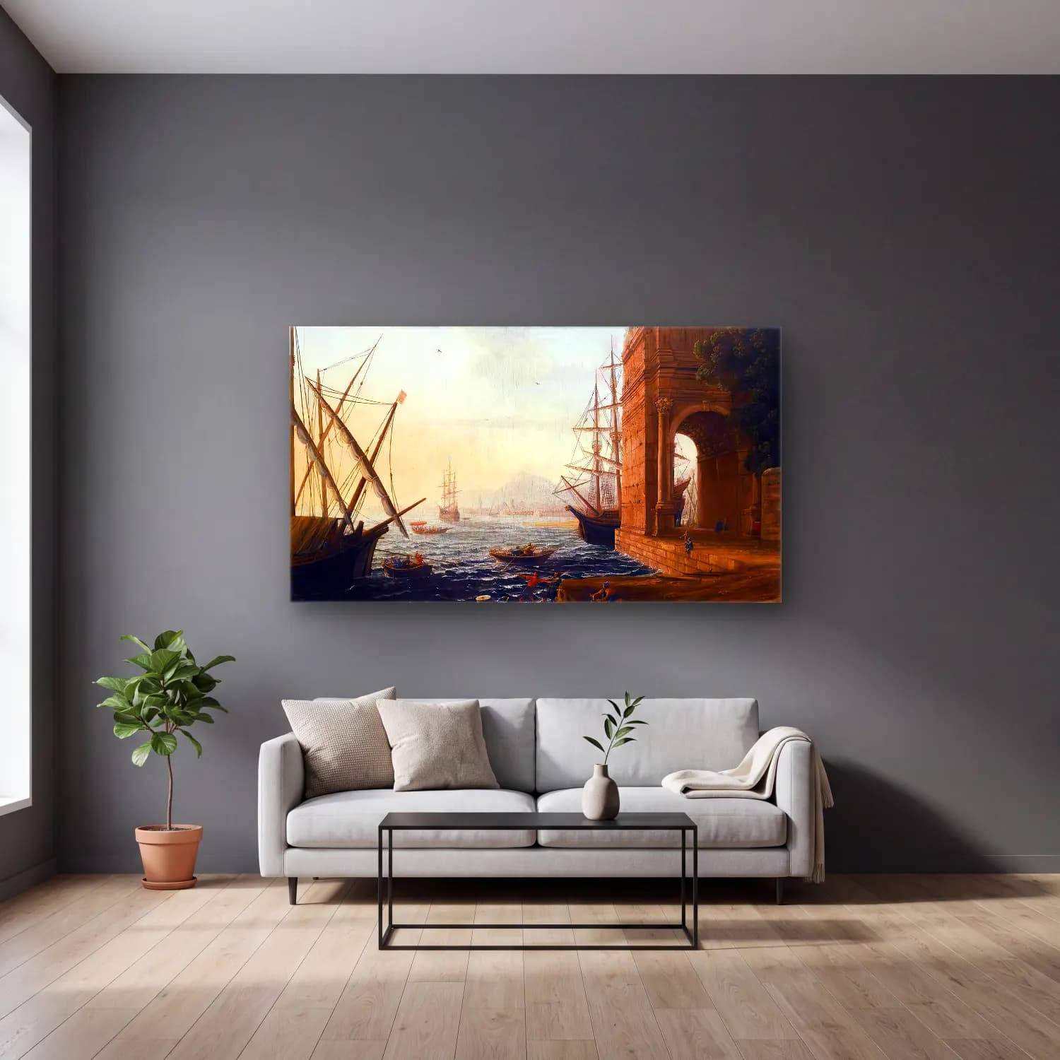 Claude Lorrain – A Mediterranean Seaport cam tablo — gri duvarlı salonda