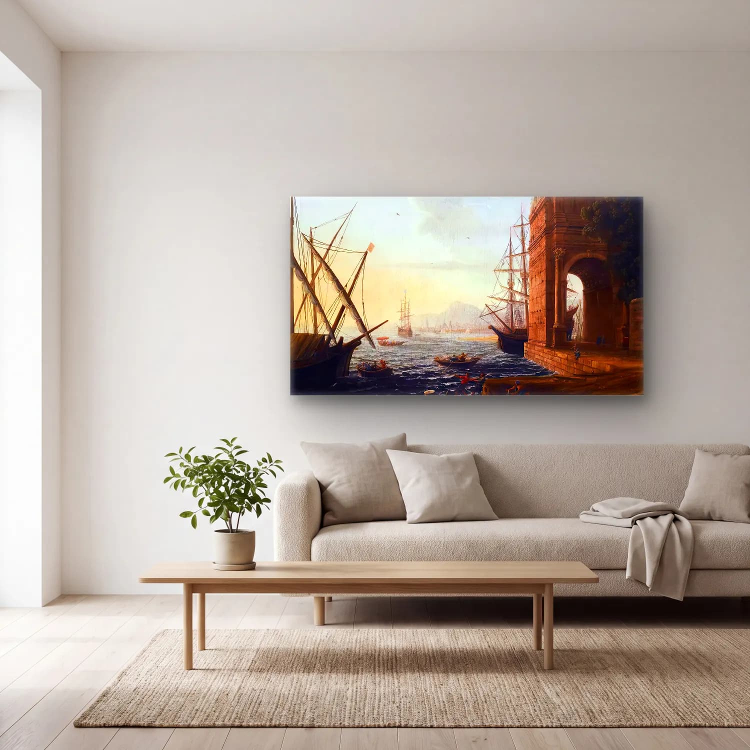 Claude Lorrain – A Mediterranean Seaport cam tablo — açık renk salonda