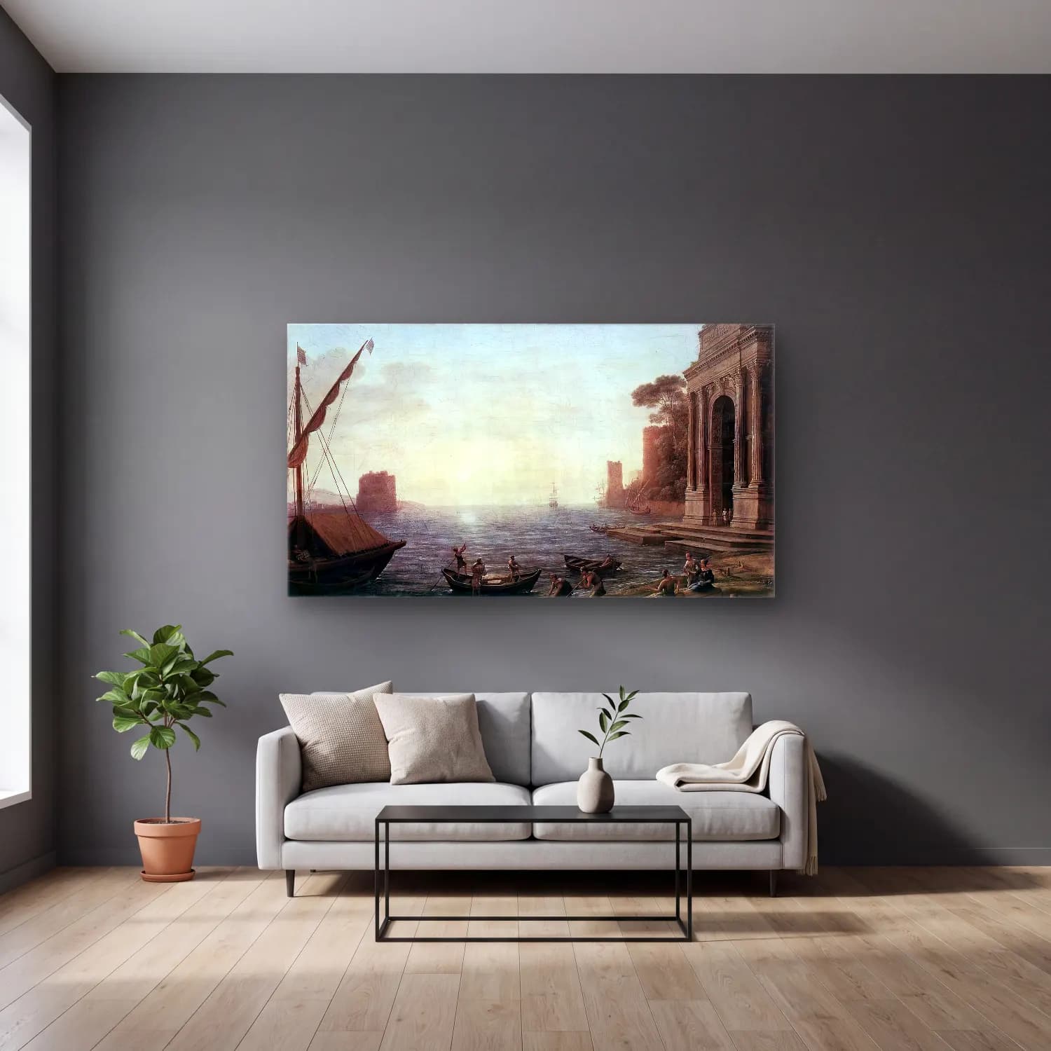 Claude Lorrain – A Seaport at Sunrise cam tablo — gri duvarlı salonda