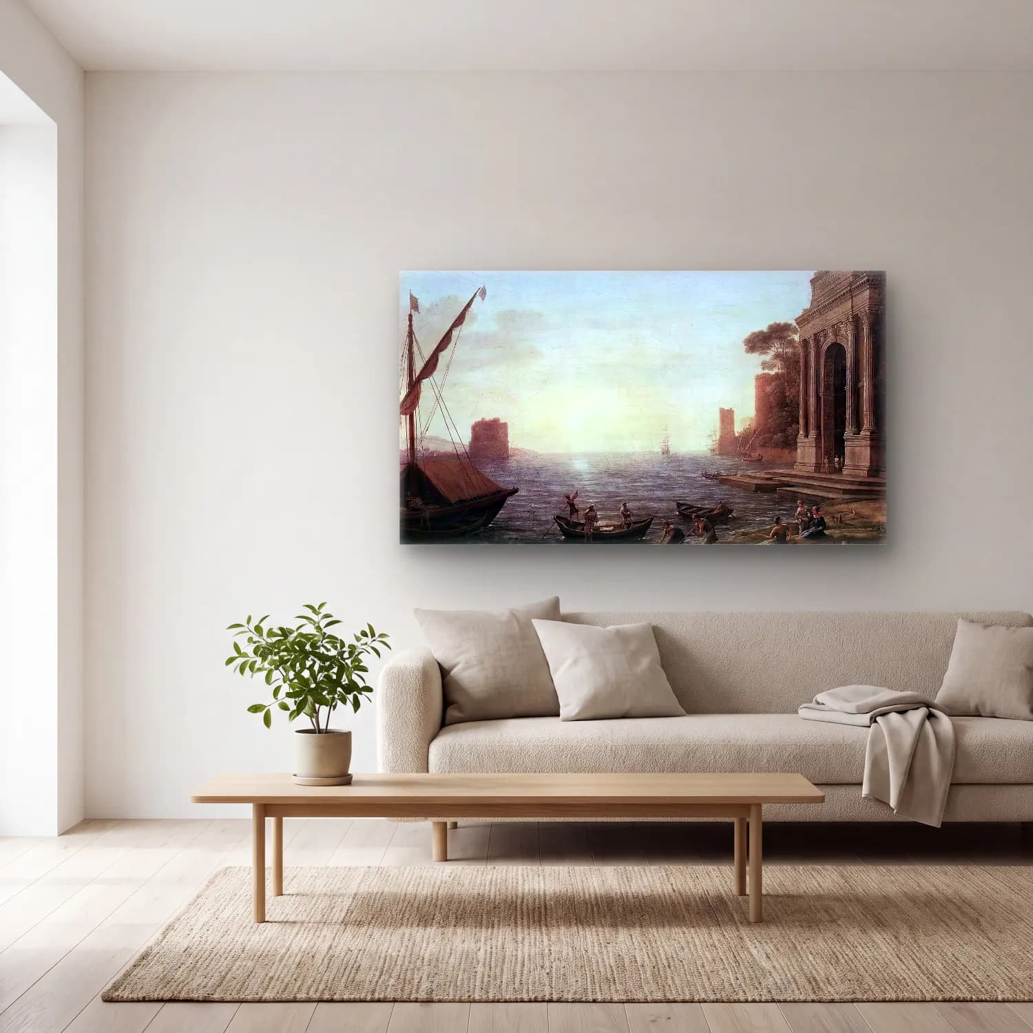 Claude Lorrain – A Seaport at Sunrise cam tablo — açık renk salonda