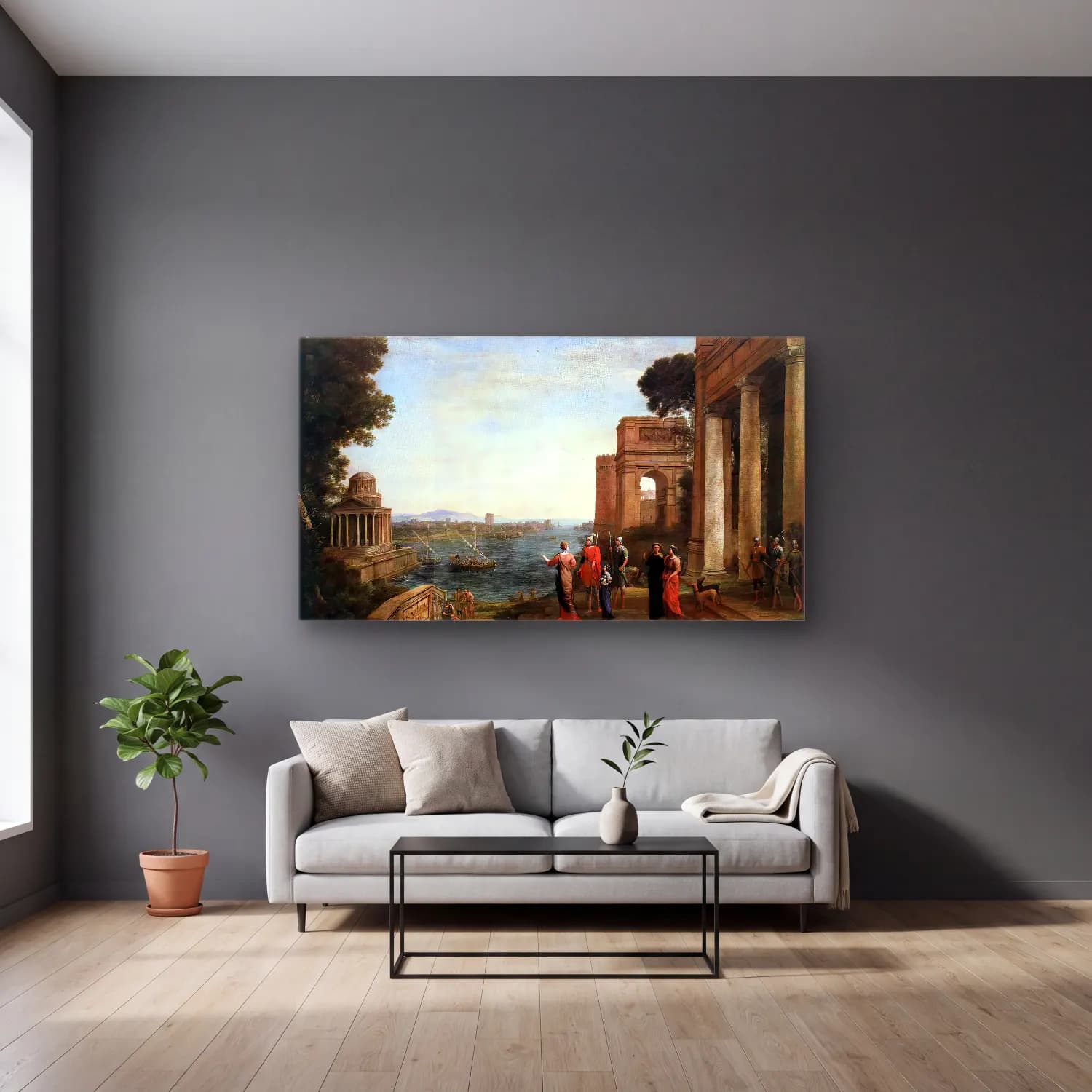 Claude Lorrain – Aeneas s Farewell to Dido in Carthago cam tablo — gri duvarlı salonda