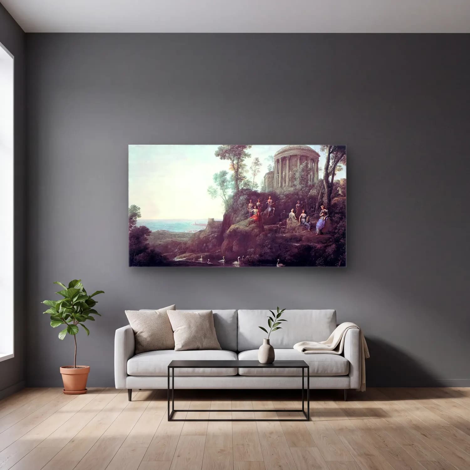 Claude Lorrain – Apollo and the Muses on Mount Helion (Parnassus) cam tablo — gri duvarlı salonda