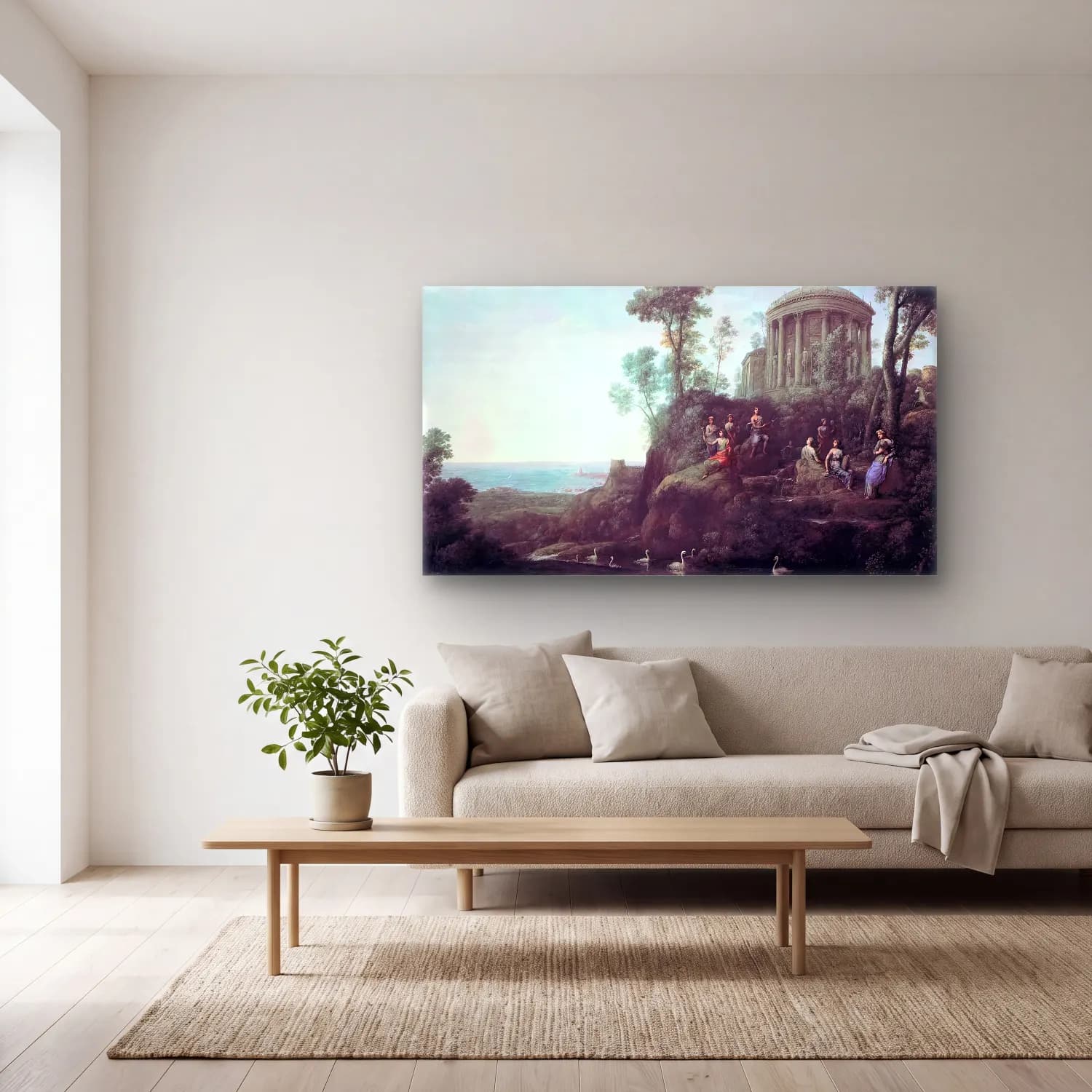 Claude Lorrain – Apollo and the Muses on Mount Helion (Parnassus) cam tablo — açık renk salonda