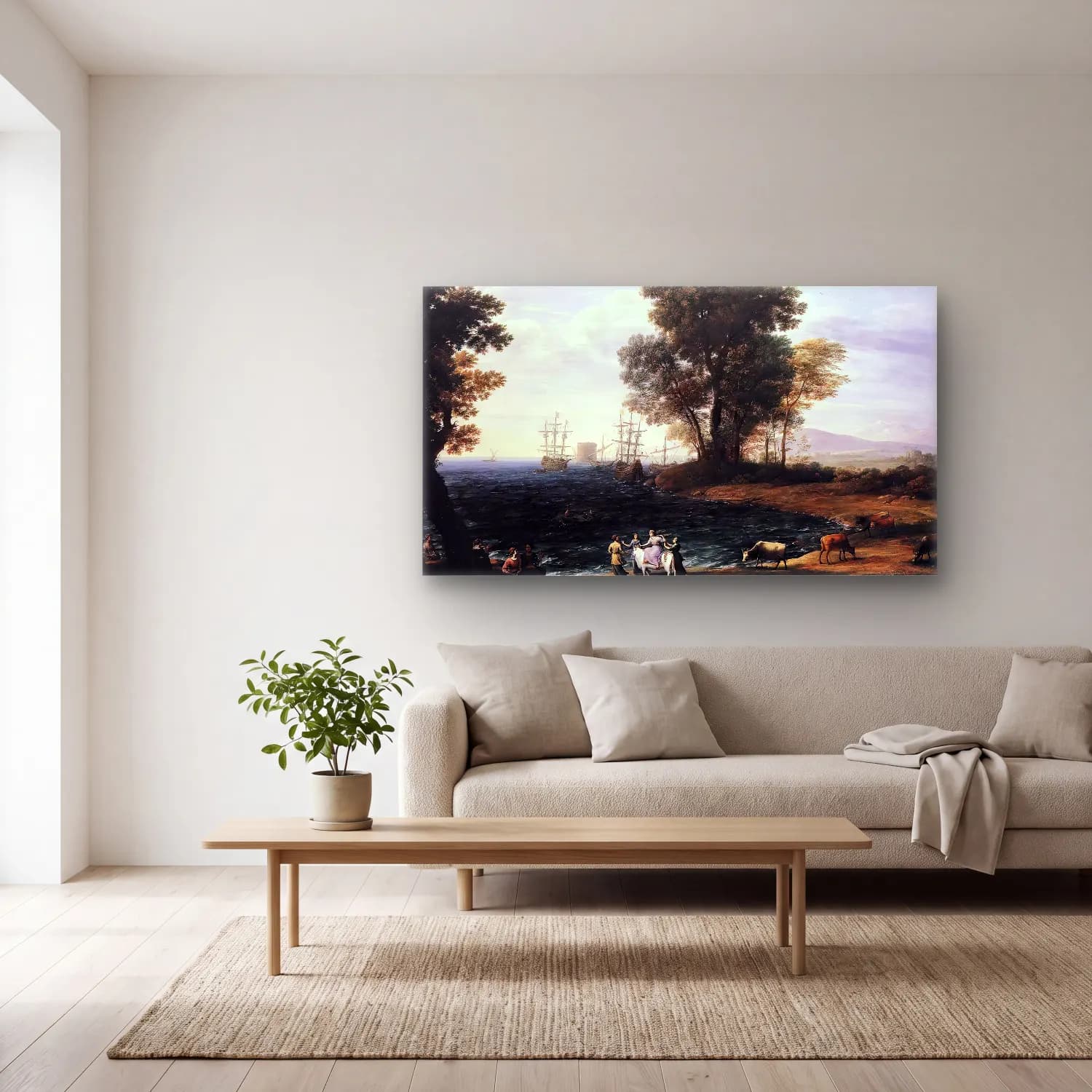 Claude Lorrain – Coast Scene with the Rape of Europa cam tablo — açık renk salonda
