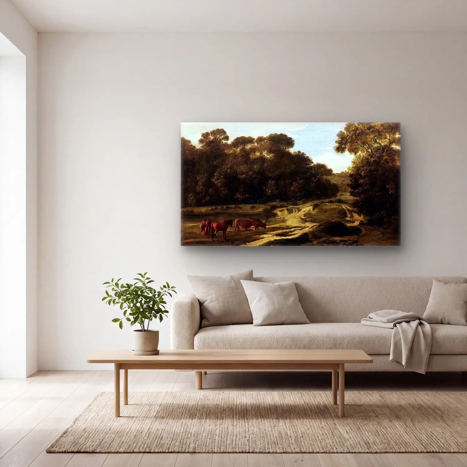 Claude Lorrain – Forest Path with Herdsmen and Herd cam tablo — açık renk salonda