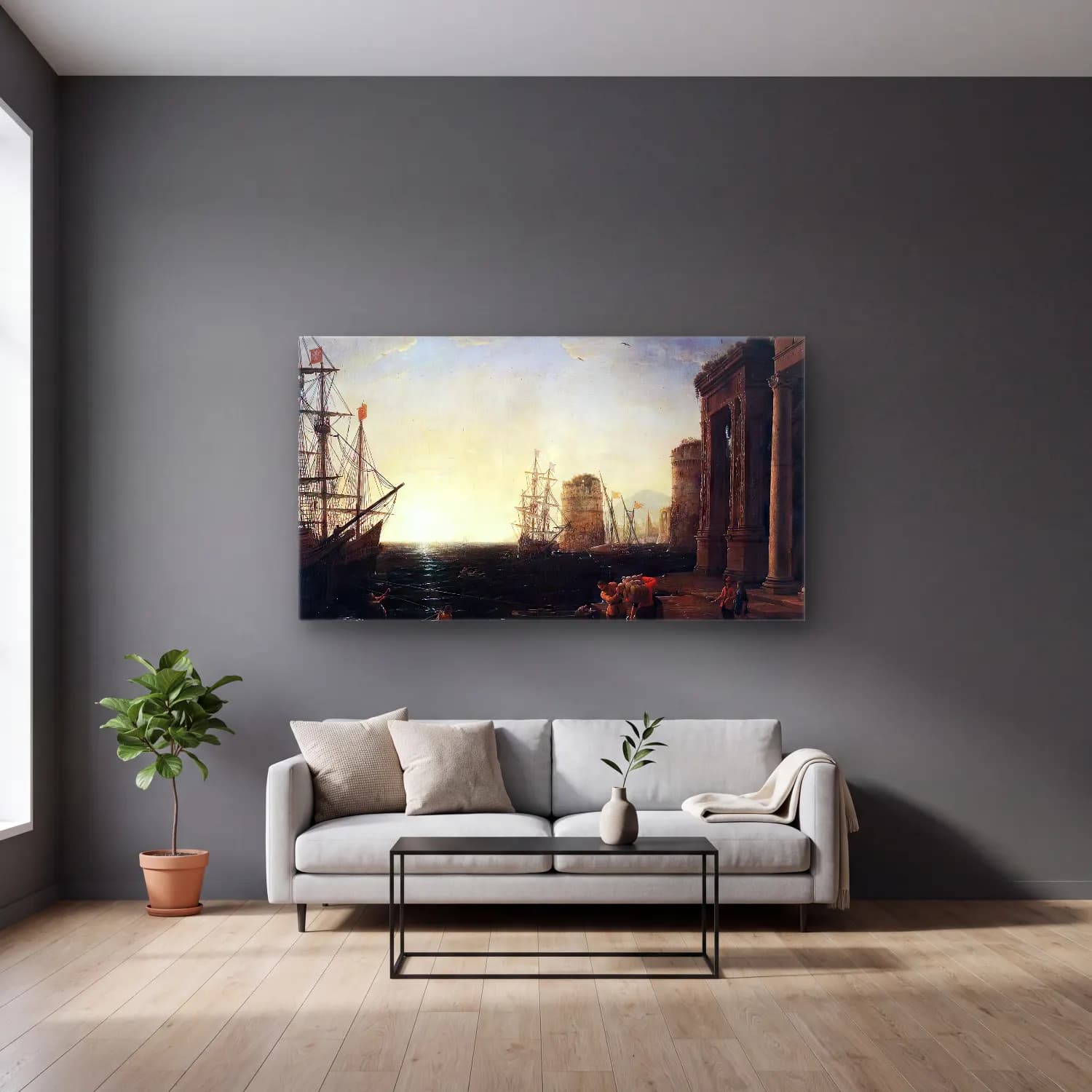 Claude Lorrain – Harbour Scene at Sunset cam tablo — gri duvarlı salonda